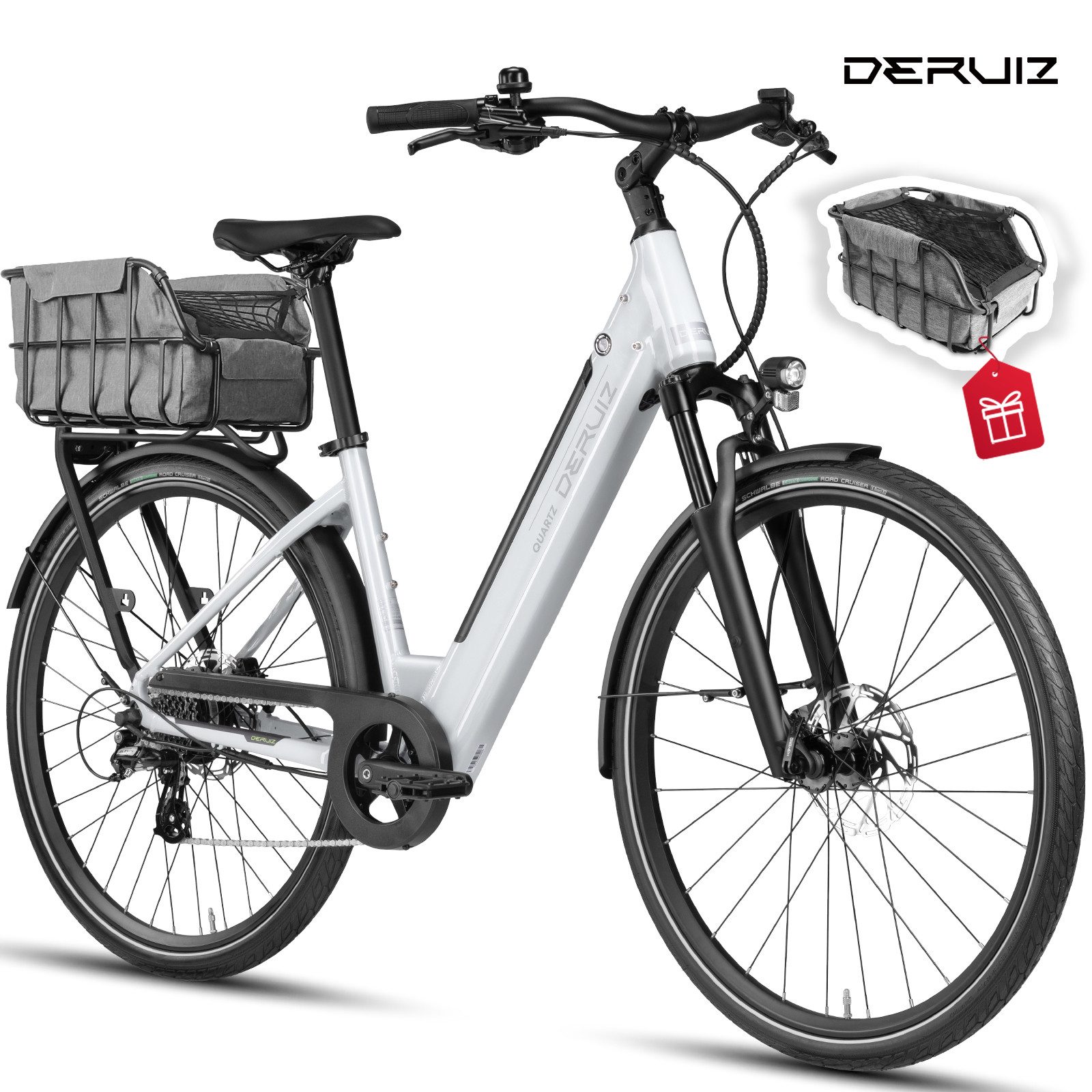 DERUIZ E-Bike Cityrad 28 Zoll Quartz /Quartz SUV 644 Wh, 161 km, Drehmomentsensor, 8 Gang Shimano Shimano Altus RD-M310, 8-Gang Schaltwerk, Kettenschaltung, Heckmotor, 644 Wh, (Federgabel mit Lockout, Drehmomentsensor, Farb-LCD-Display), 60-mm-Federweg, mit mechanischem Lockout, Drehmomentsensor