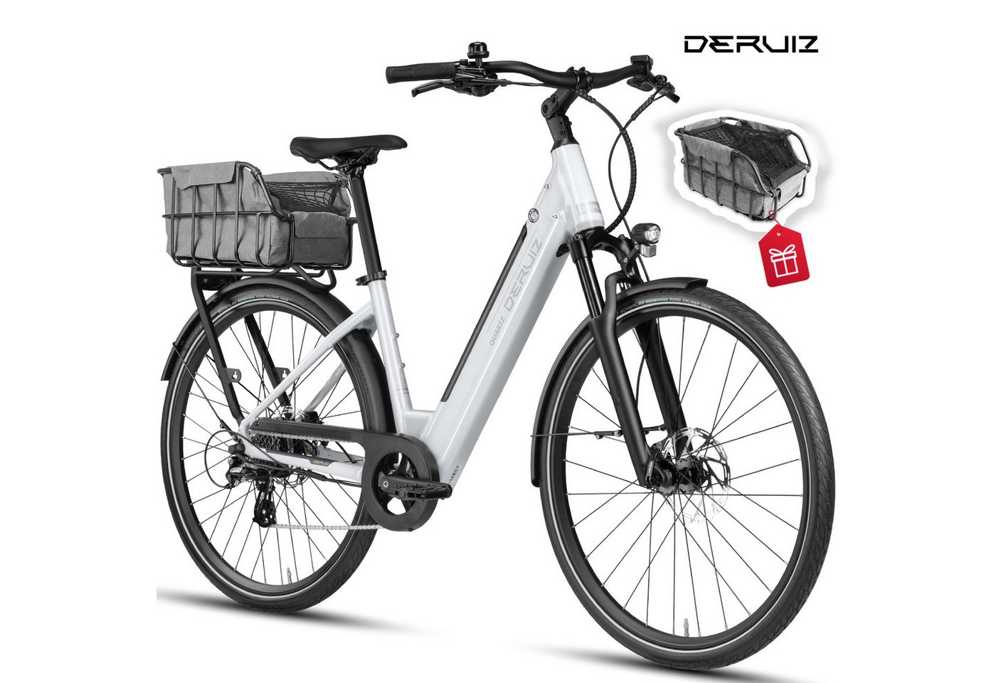 DERUIZ E-Bike Cityrad 28 Zoll Quartz /Quartz SUV 644 Wh, 161 km, Drehmomentsensor, 8 Gang Shimano Shimano Altus RD-M310, 8-Gang Schaltwerk, Kettenschaltung, Heckmotor, 644 Wh, (Federgabel mit Lockout, Drehmomentsensor, Farb-LCD-Display), 60-mm-Federweg, mit mechanischem Lockout, Drehmomentsensor