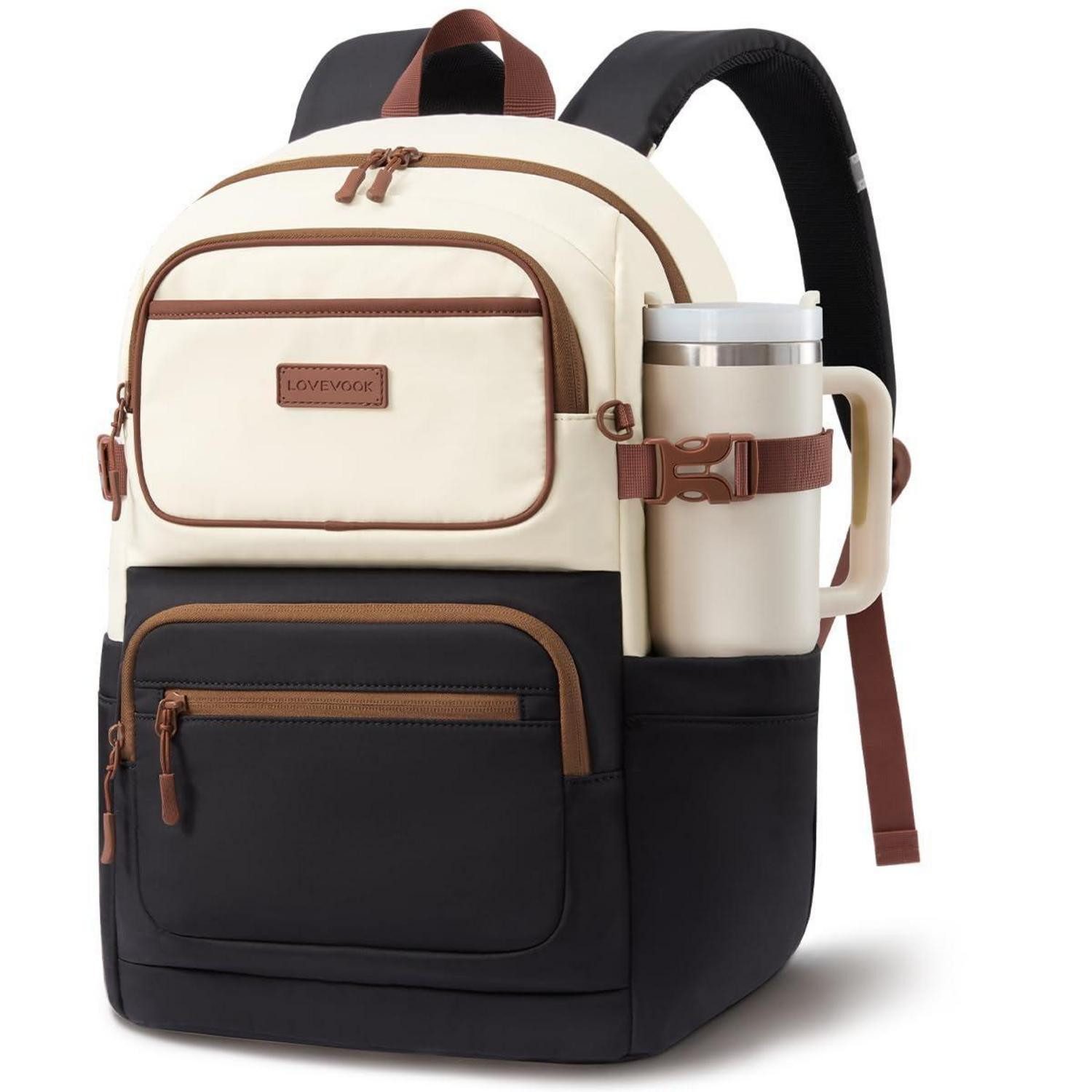 LuxusKollektion Schulrucksack Damen Rucksack 15,6 Zoll Klassisch Beige-Schwarz-Braun