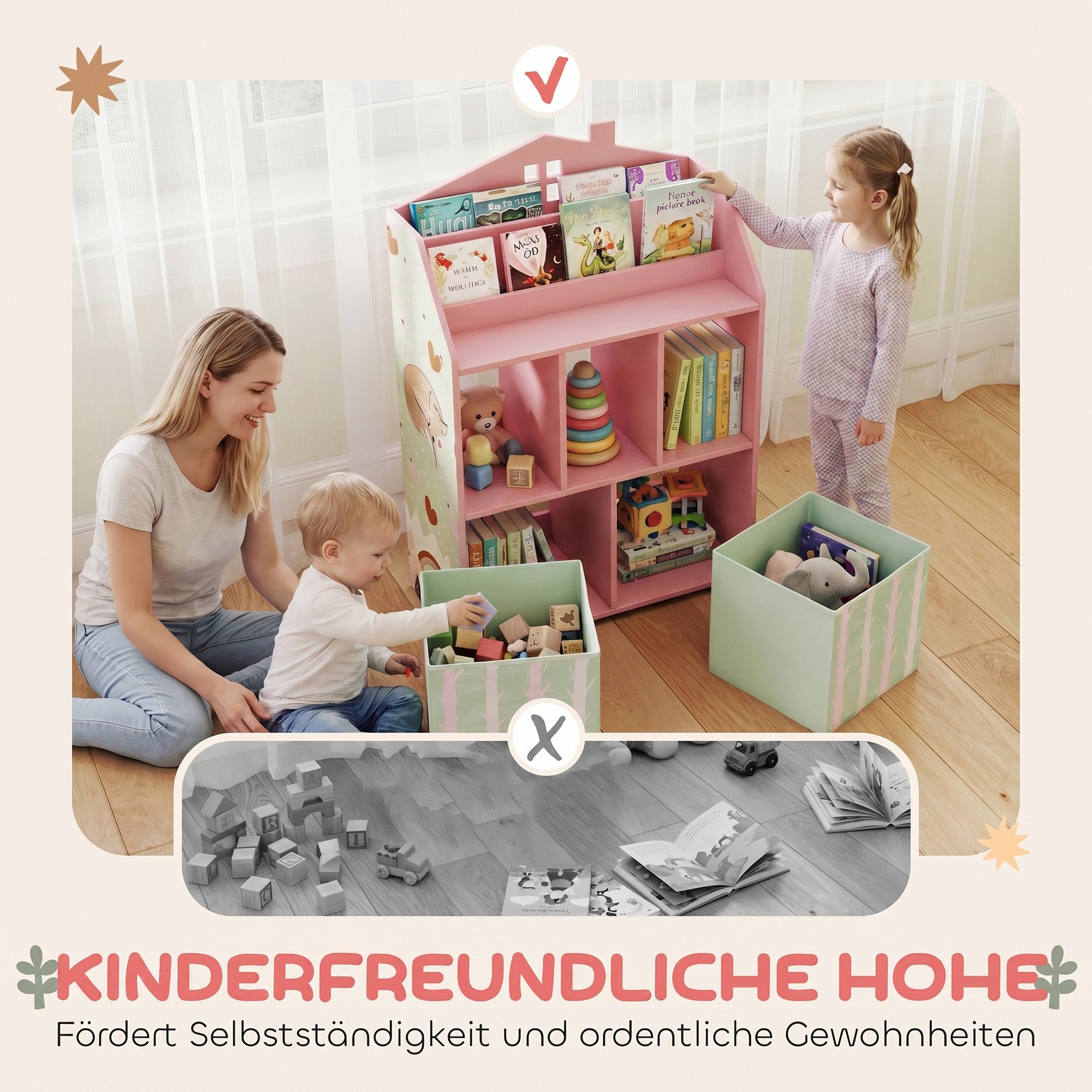 AIYAPLAY Kinderregal Spielzeugregal Kinderzimmerregal mit 2 Stoffschubladen offen, Bücherregal Kinder 1-tlg., für 3-8 Jahre für Spielzeug Bücher 62,5x30x91,5 cm – Bild 4 von 5