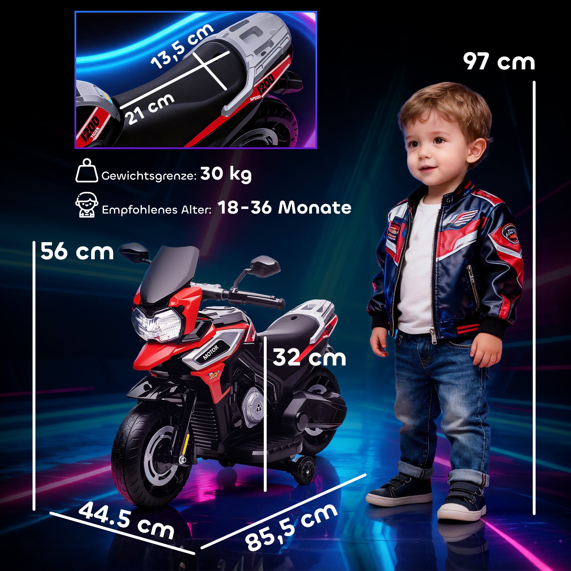 AIYAPLAY Elektro-Kindermotorrad 6V Elektromotorrad mit 2 Hilfsrädern, Beleuchtung, Musik, Belastbarkeit 30 kg, (1-tlg), für Kinder von 18-36 Monaten, Rot
