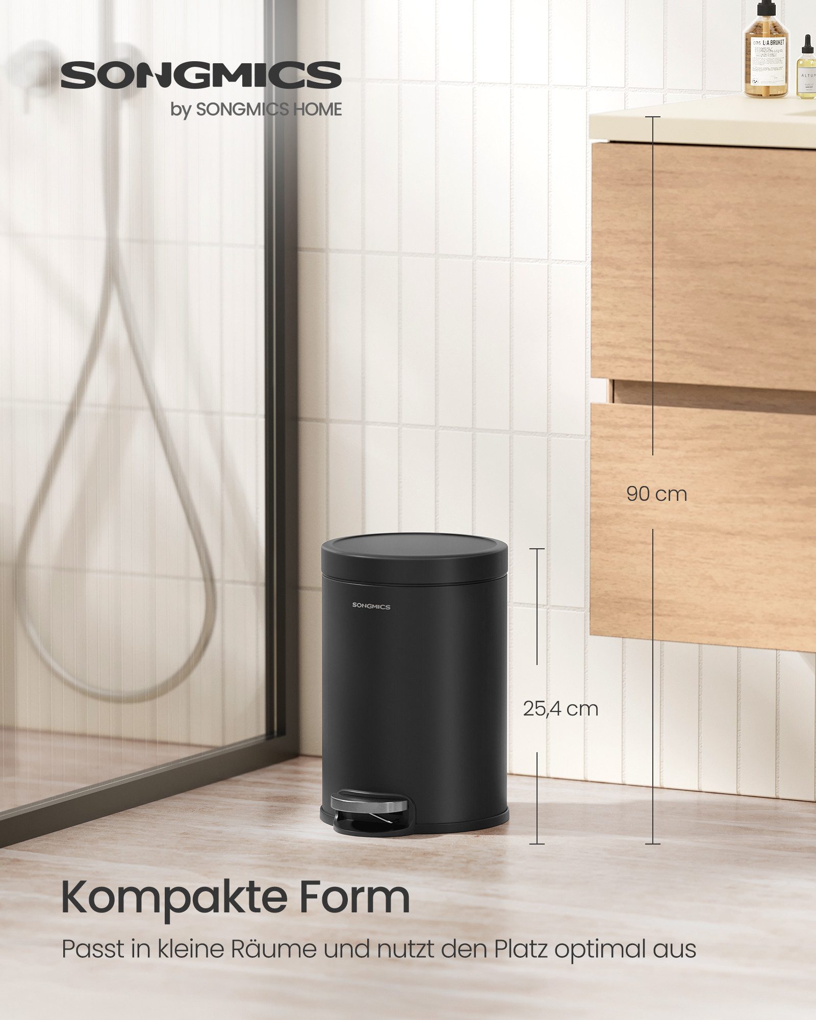 SONGMICS Kosmetikeimer Softclose-Deckel, Stahl, Kosmetikeimer, 3/6 L Mülleimer Bad, Tretmülleime