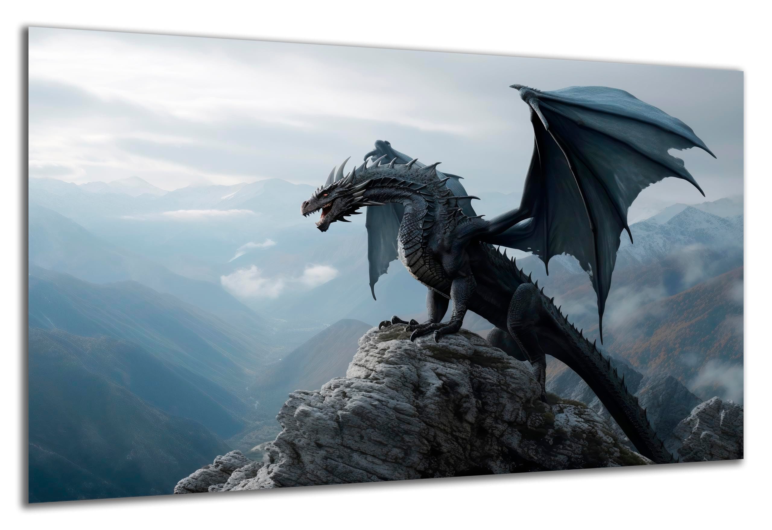 DARO Design Wandbild Ritter Drachen Wandbilder Wand Deko Bilder Fantasy Leinwandbild, (Drache auf Fels - Bild groß Wohnzimmer Jugendzimmer Arbeitszimmer Flur Einteilig Querformat Fotodruck Ritter & Drachen), 84x56 cm