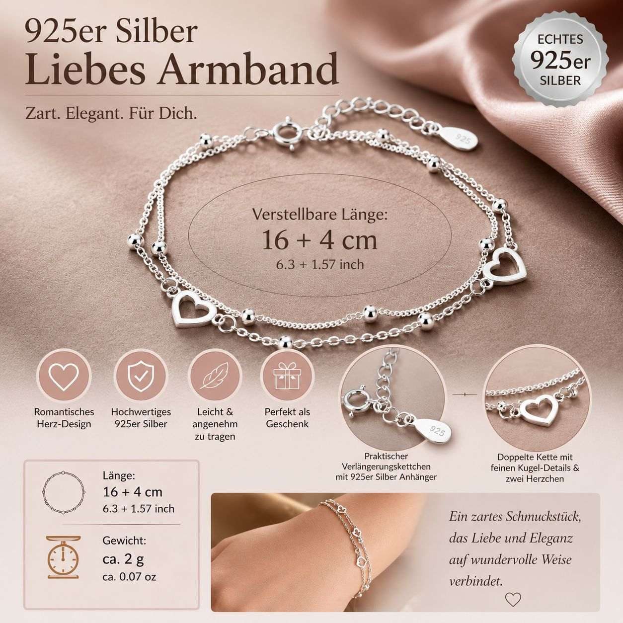 Taffstyle Silberarmband 925 Sterling Silber Damen Armband mit Herzen & Kugeln verstellbar (Wunderschönes Filigranes Damen Armband 925 Echt Silber mit Herz-Desig – Bild 2 von 5