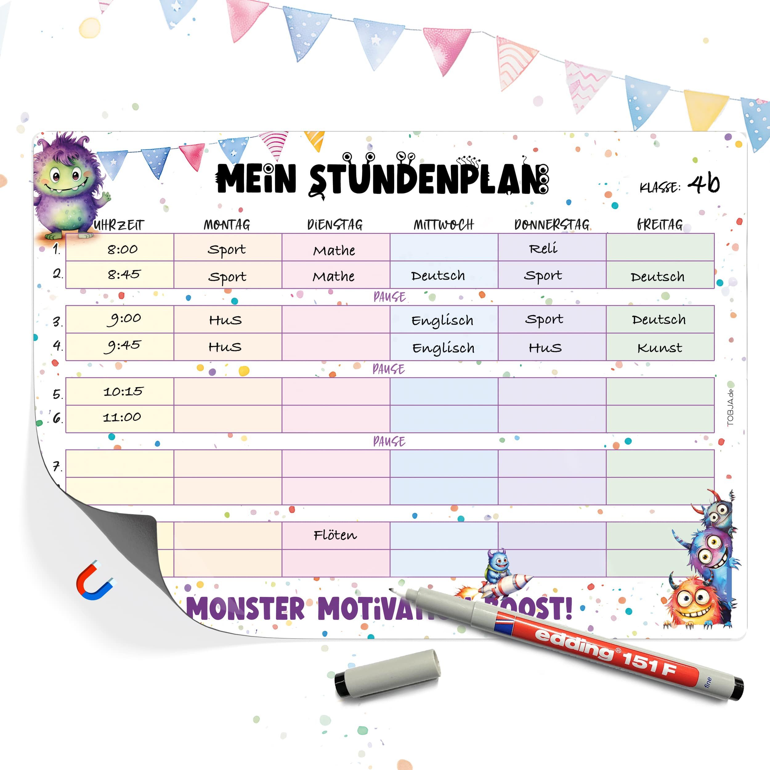 TOBJA Magnettafel Magnetischer Stundenplan Monster Design inkl. Stift, abwischbar magnetisch Wochenplaner Mädchen u. Jungen