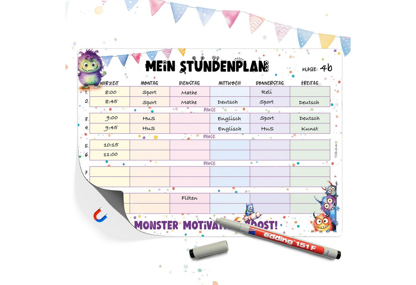 TOBJA Magnettafel Magnetischer Stundenplan Monster Design inkl. Stift, abwischbar magnetisch Wochenplaner Mädchen u. Jungen