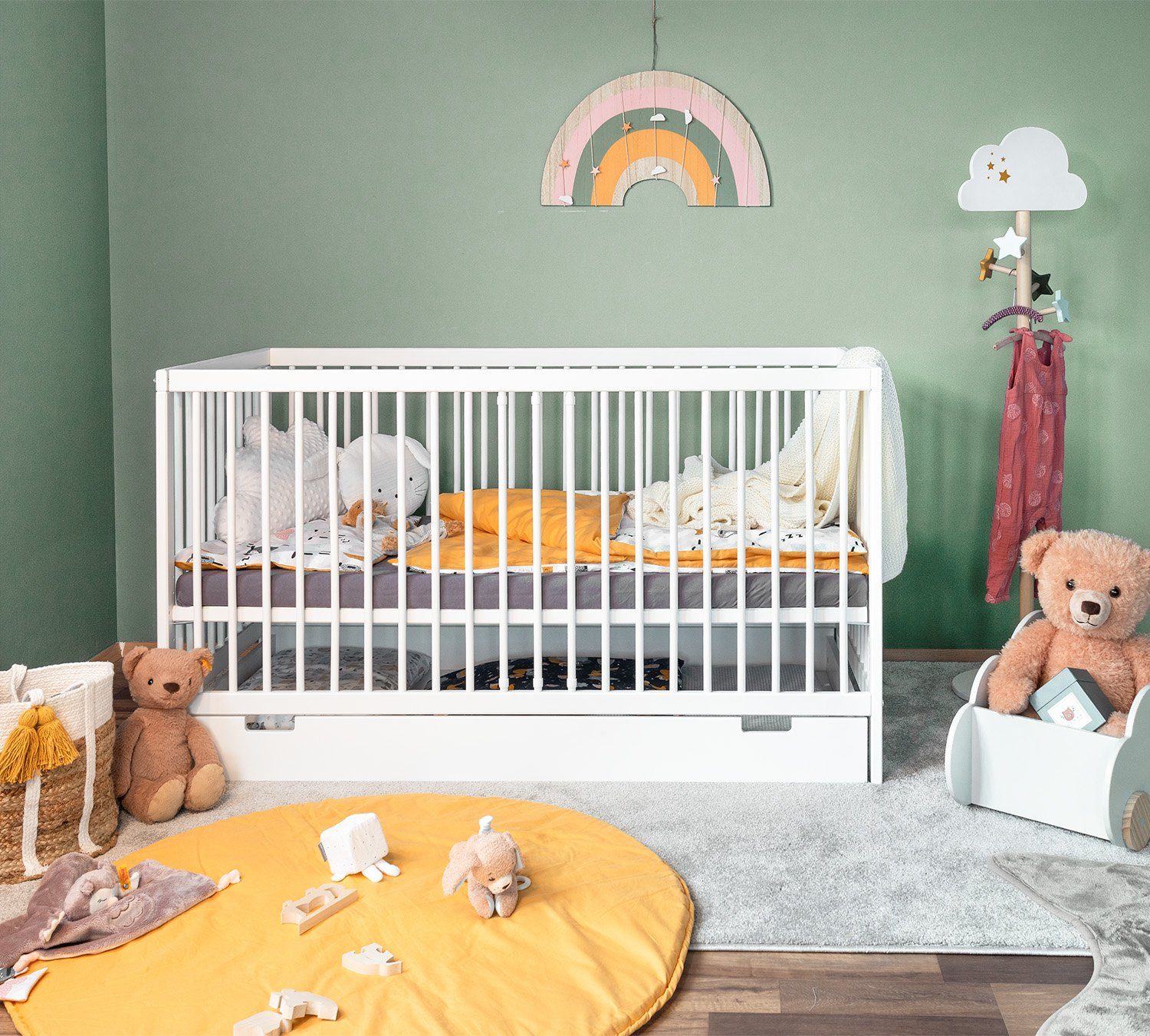 Gitterbett Babybett 120 x 60 cm Komplett Kinderbett GRAVUR-KRONE 5 Farben Massiv 