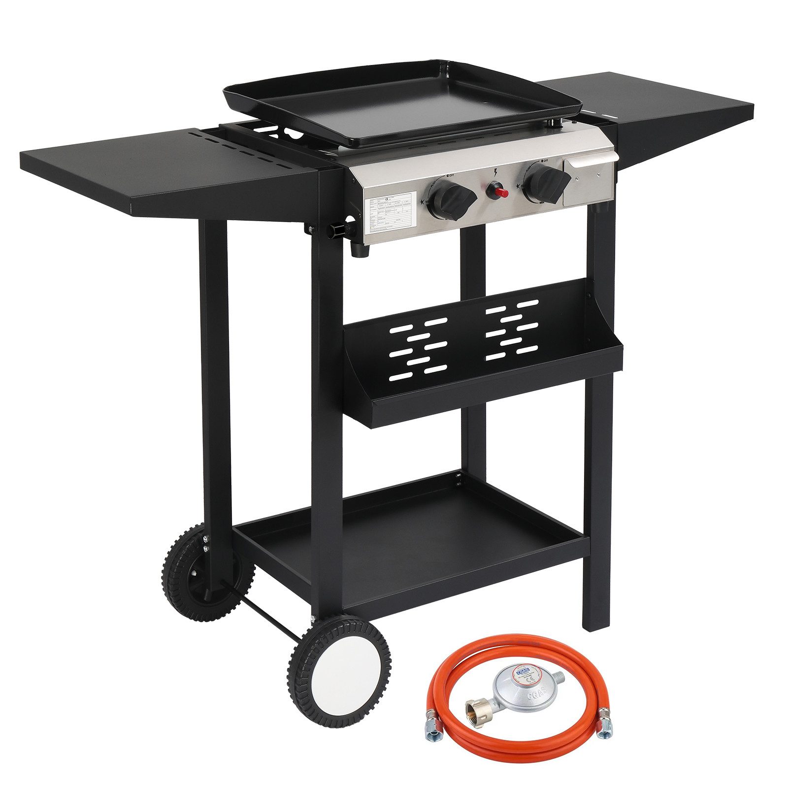 LALAHO Gasgrill Grillwagen 2 Brennern 5.86 kW mit emaillierter Grillplatte, integriertem Thermometer und Seitenablagen