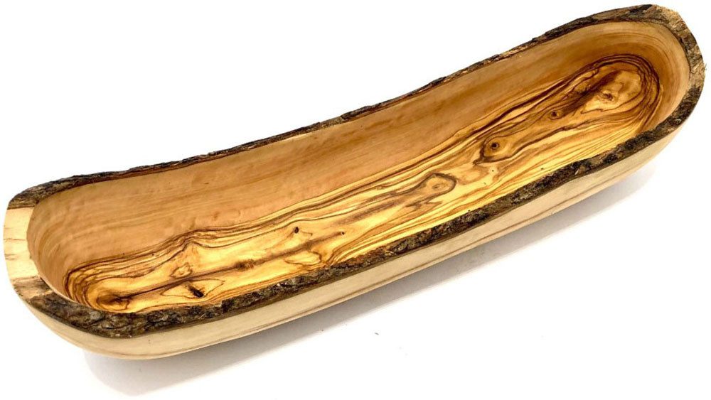 Olivenholz-erleben Brotschale rustikal aus edlem naturbelassenem Olivenholz, Massivholz, (1-tlg), Einzigartige Maserung, naturgewachsene Schale, ideal für Baguette