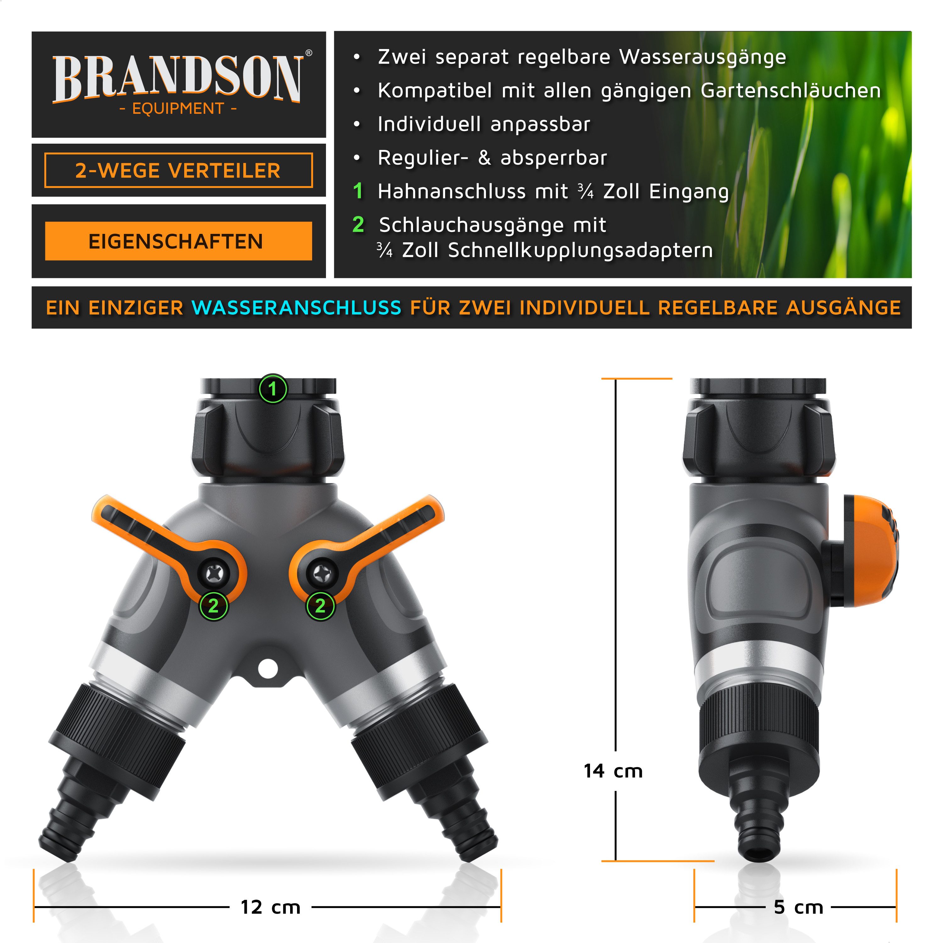 Brandson 2-Wege Verteiler 2-fach Wasserverteiler, Gartenschlauch Schlauchverteiler, 3/4 Zoll, (1-tlg), Regulierbarer Wasserhahn Schlauch Verteiler für Gartenbewässerung