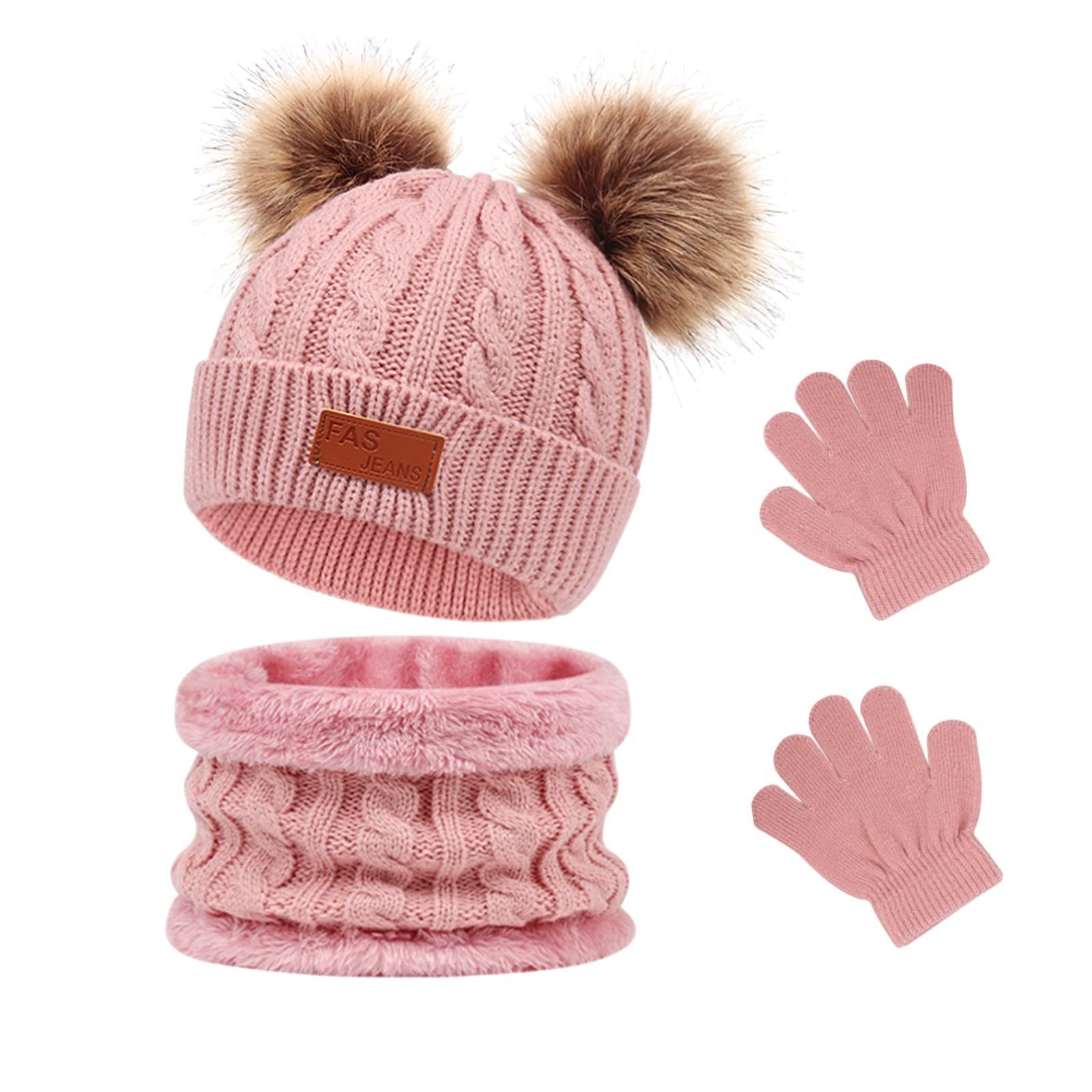 POCHUMIDUU Strickmütze Kinder-Wintermütze-Schal-Handschuh-Set (1-St., mit Fleece Futter und Fell Bobbl) für Kinder-Jungen-Mädchen 1-5 Jahre Dunkelrosa