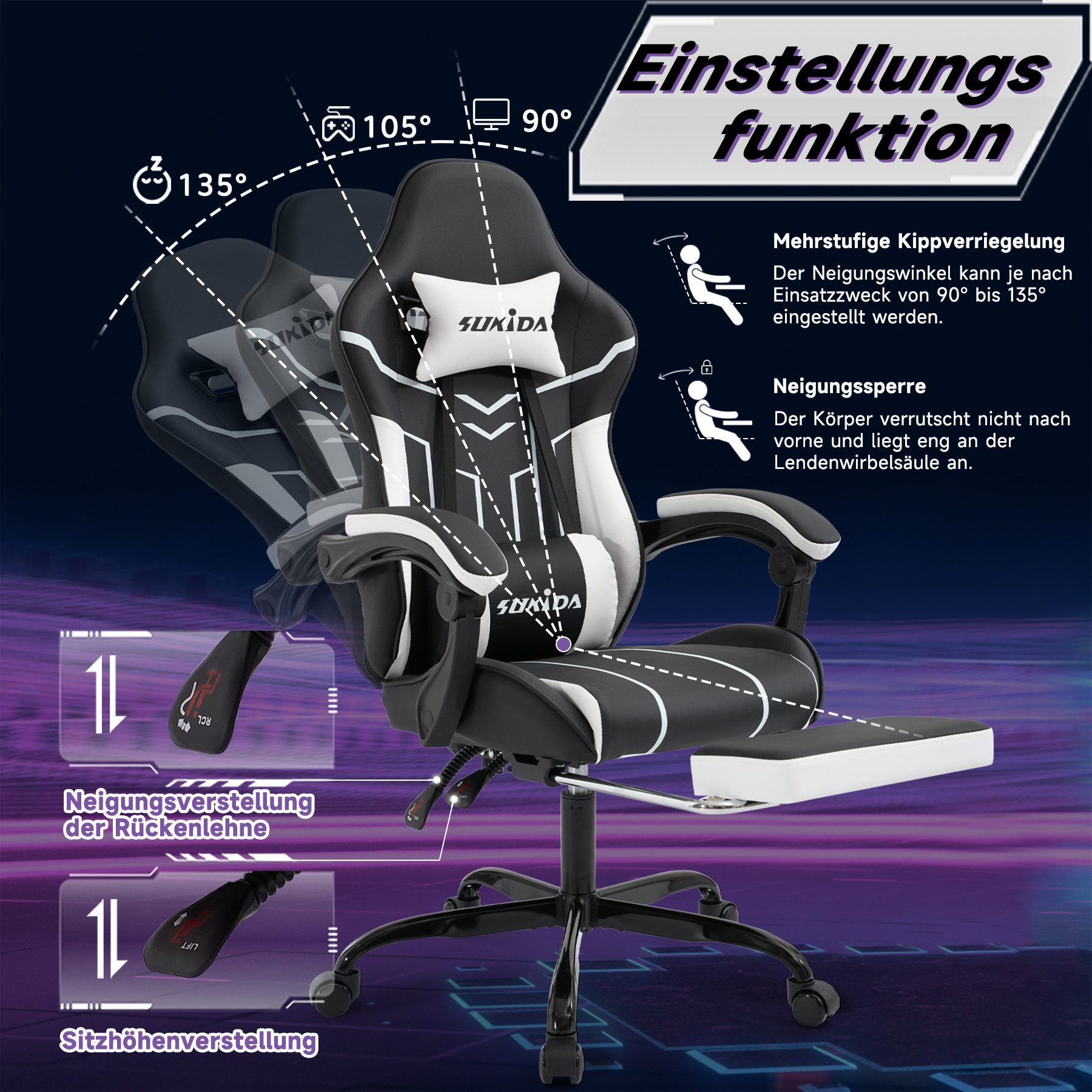 Odikalo Gaming-Stuhl Computerstuhl Bürostuhl Ergonomisch Polsterstuhl Fußstütze Mehrfarbig