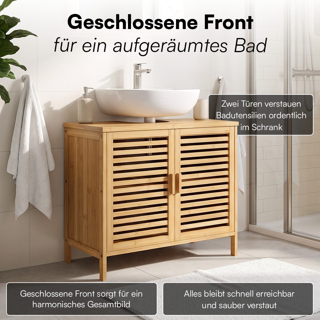 Bellamio Waschbeckenunterschrank Newa, Badezimmerschrank mit zwei Ablagefächern (Spar-Set, 2-St) aus natürlichem Bambus, robst und langlebig – Bild 3 von 5