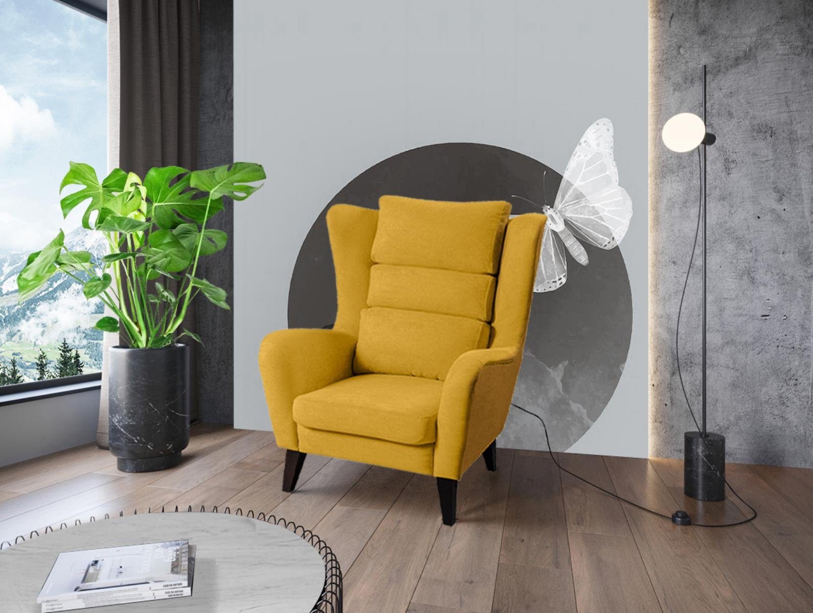 Beautysofa Sessel Atlas (Loungesessel für Wohnzimmer, Relaxsessel aus Velvetstoff), Polstersessel mit Holzbeine (Buche oder Wenge) Gelb (mono 236)