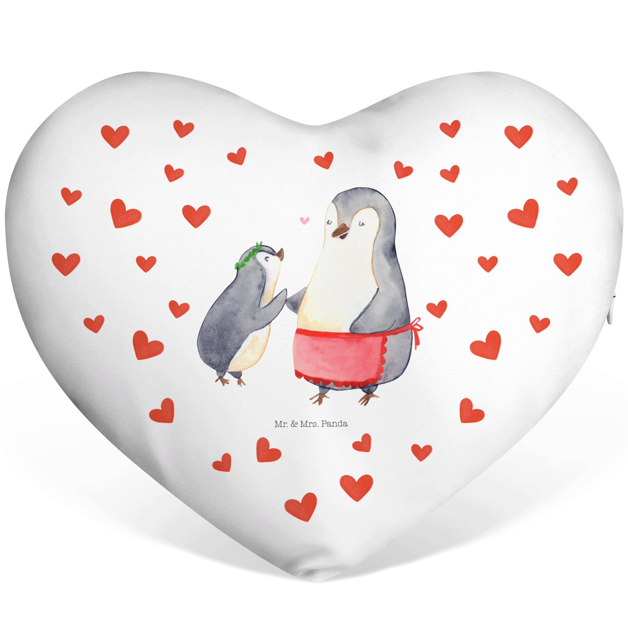 Mr. & Mrs. Panda Dekokissen Pinguin mit Kind - Weiß - Geschenk, Mami, Herzkissen, Papa, Herzform