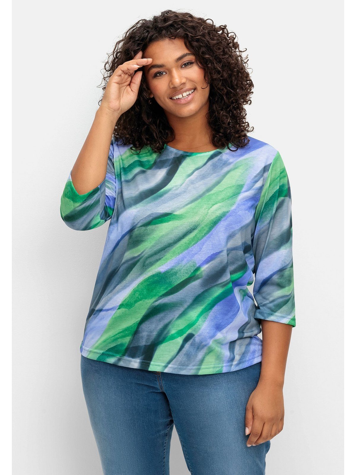Sheego 3/4-Arm-Shirt Große Größen mit Alloverdruck in gebatikter Optik royalblau-grasgrün bedruckt