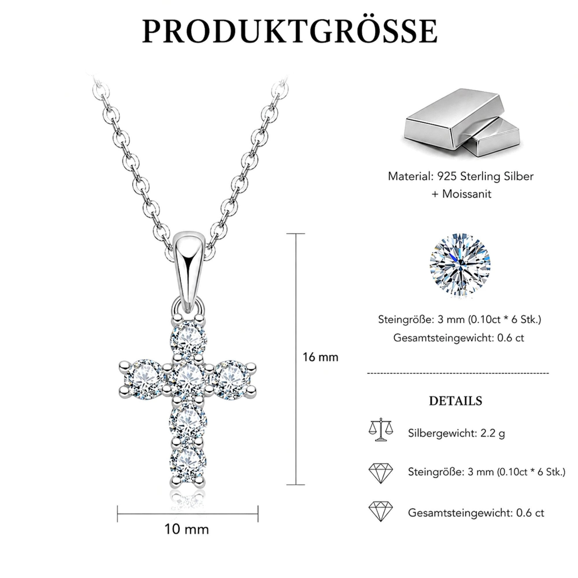 UNIQAL.de Silberkette 925 Silber mit Moissanit 0,60 Karat – Damen Halskette CROSS (Elegantes Kreuzdesign mit funkelnden Steinen, inkl. Luxuriöse Schmuck Geschenkbox), Moissanit VVS1 Reinheit, GRA-Zertifikat, Halskette Geschenk für Damen