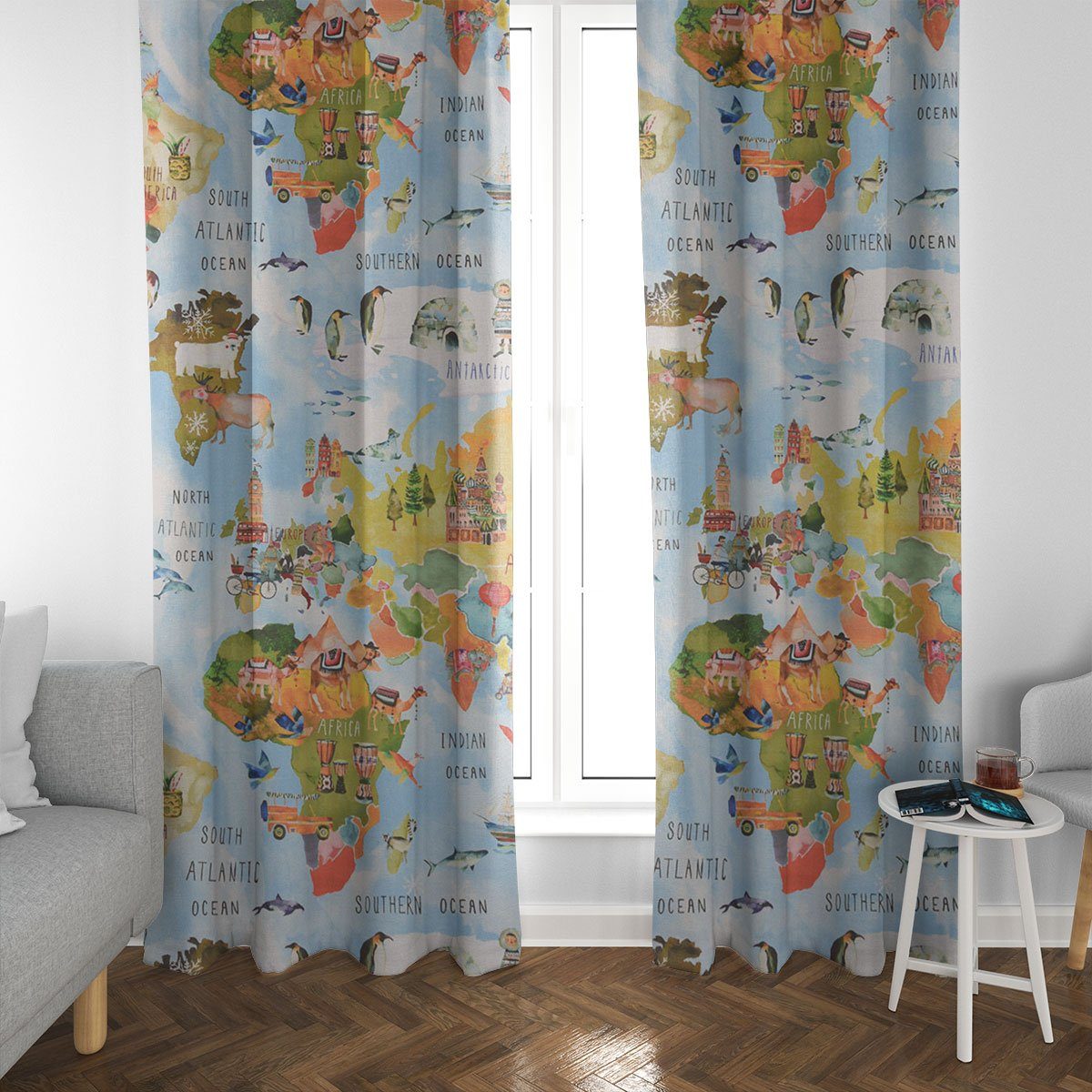 SCHÖNER LEBEN. Vorhang SCHÖNER LEBEN. Vorhang Adventure Rainbow Weltkarte bunt 245cm, Smokband, blickdicht, Baumwolle, handmade