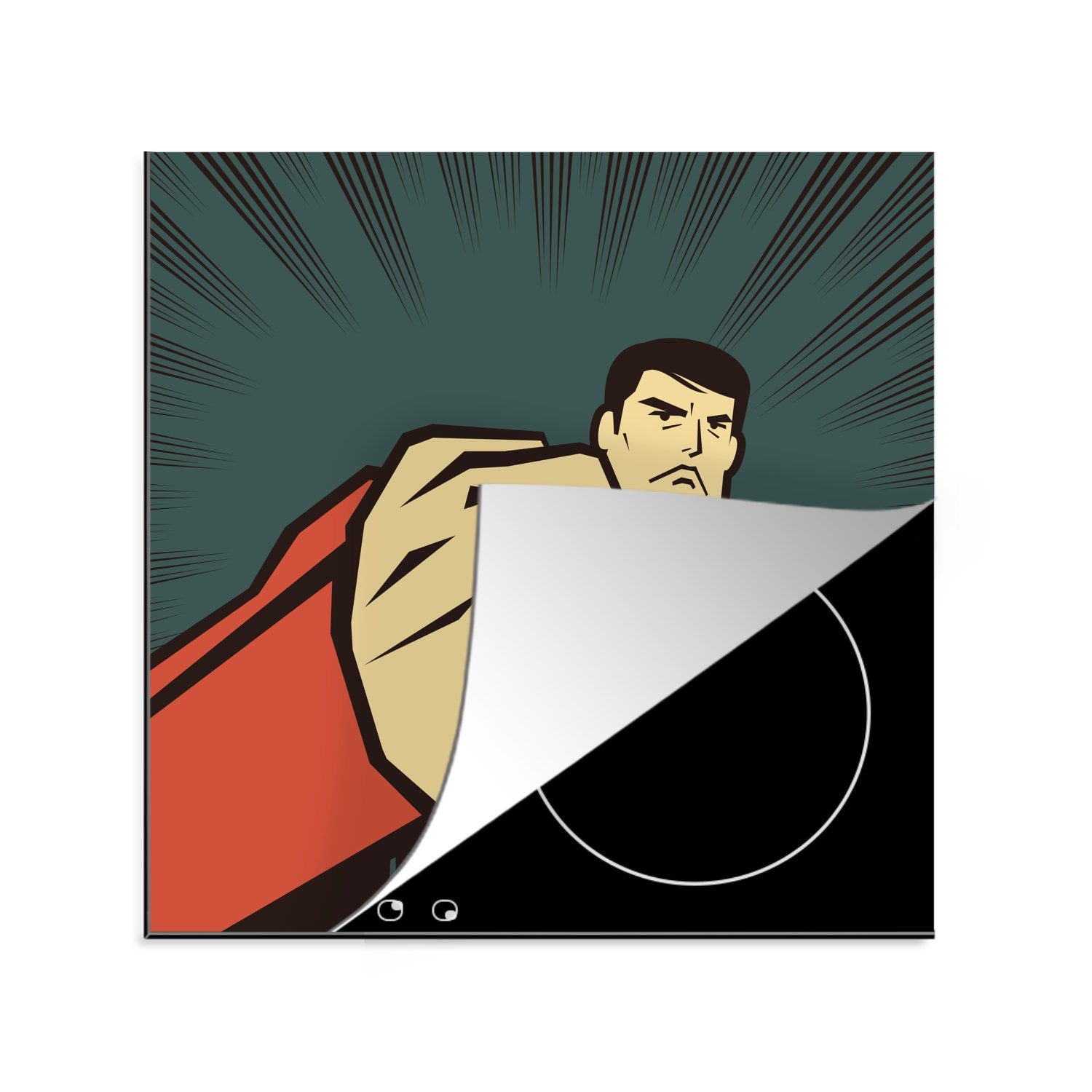 MuchoWow Herdblende-/Abdeckplatte Eine Illustration eines Superhelden mit erhobener Faust - Jungen -, Vinyl, (1 tlg), 78x78 cm, Ceranfeldabdeckung, Arbeitsplatte für küche