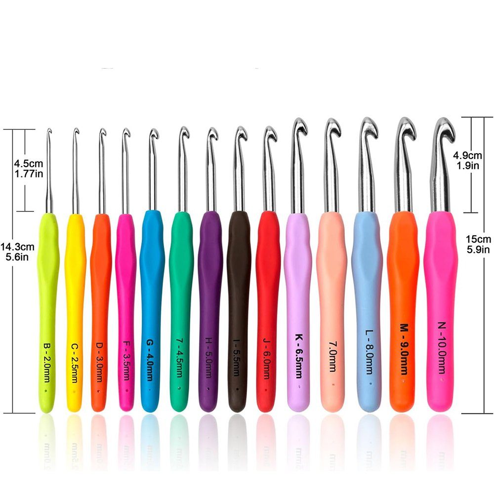 Coonoor Häkelnadel Set Bunte Ergonomische Soft Gummi Comfort Grip Nadeln Kit Nähgarn, (14-St)