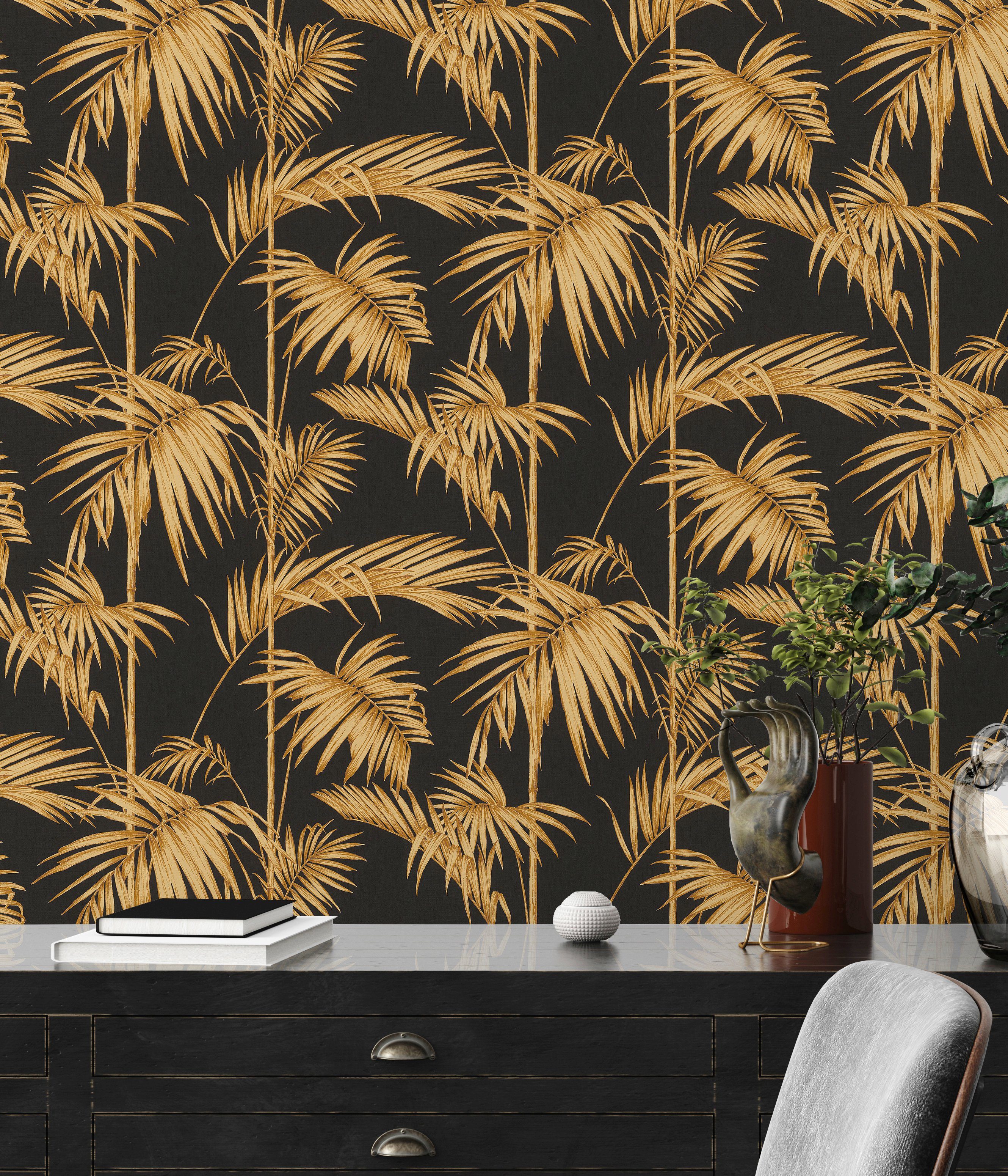 A.S. Metropolitan Paris, Tapete Vliestapete Lola living Palmen tropisch, Création botanisch, Stories dunkelbraun/goldfarben Floral walls