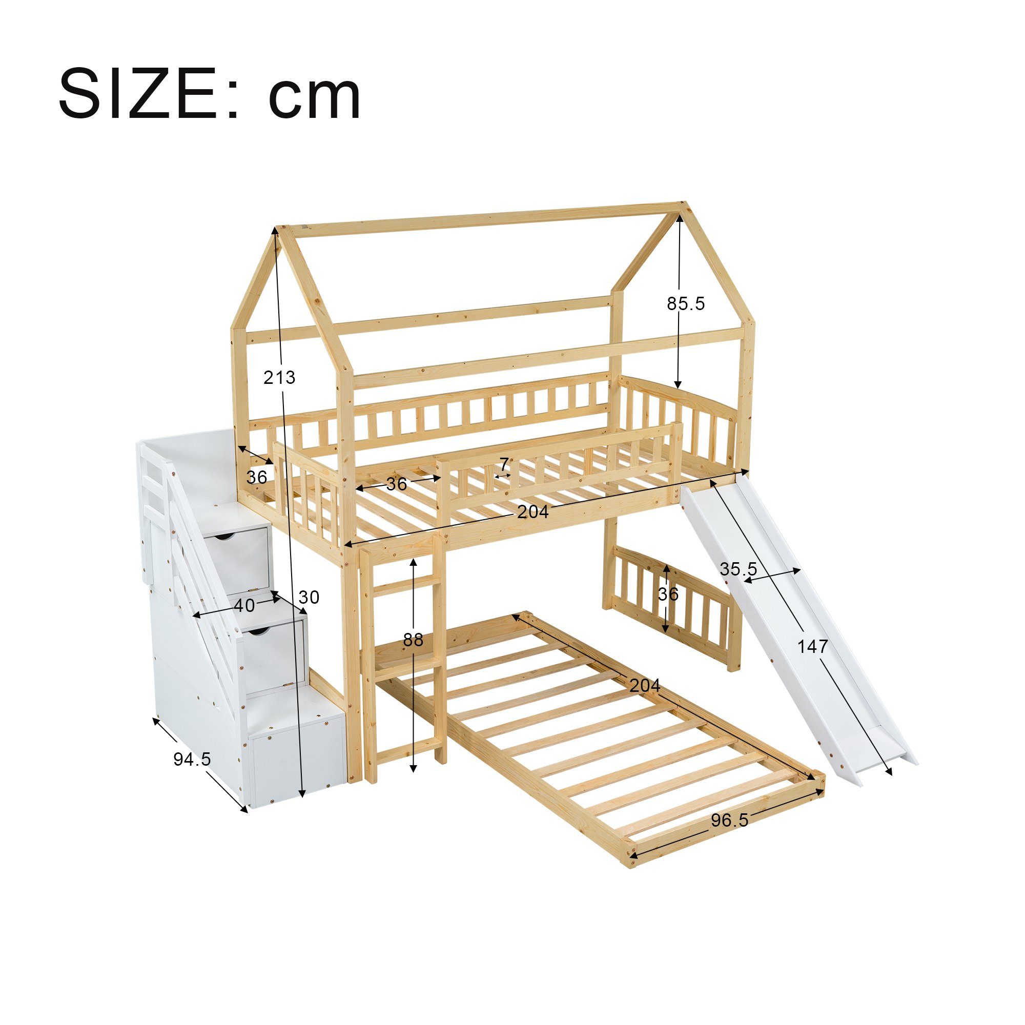 Treppe, 90 cm × 200 und Leiter, Rutsche mit Kinderbett Ulife Etagenbett Hochbett Stauraum,