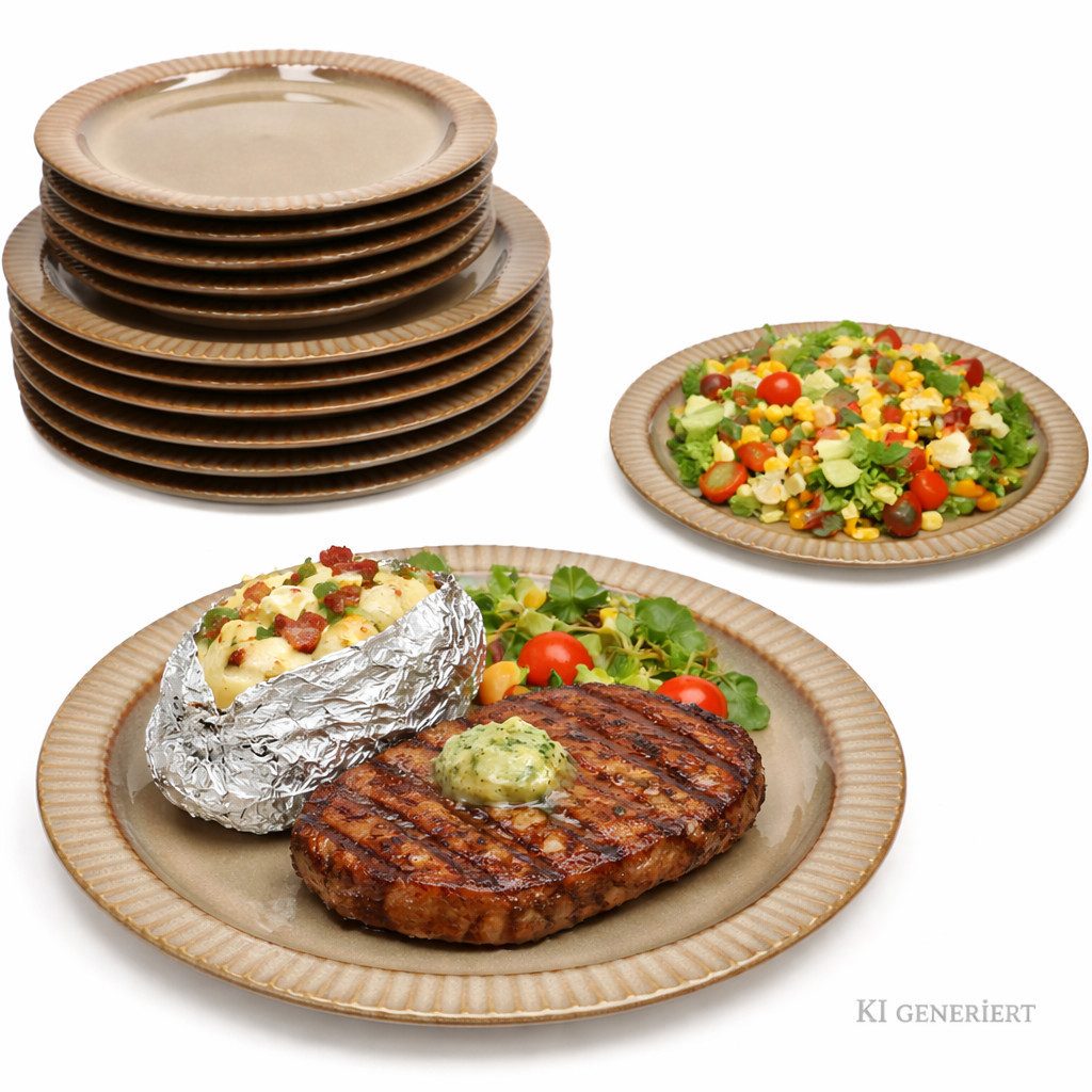 MamboCat Teller-Set Bistro 12tlg Tellerset Steingut braun Retro Speiseteller Kuchenteller, Steingut