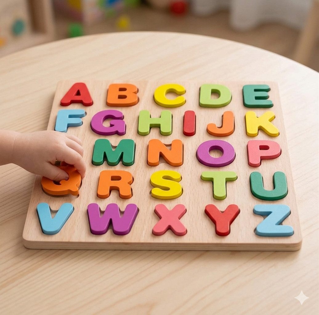White Fox Studio Steckpuzzle 4er Montessori Puzzle Set – ABC, Zahlen & Formen, Lernspiel aus Holz, 93 Puzzleteile, Erst Motorik, dann Buchstaben und Zahlen lernen