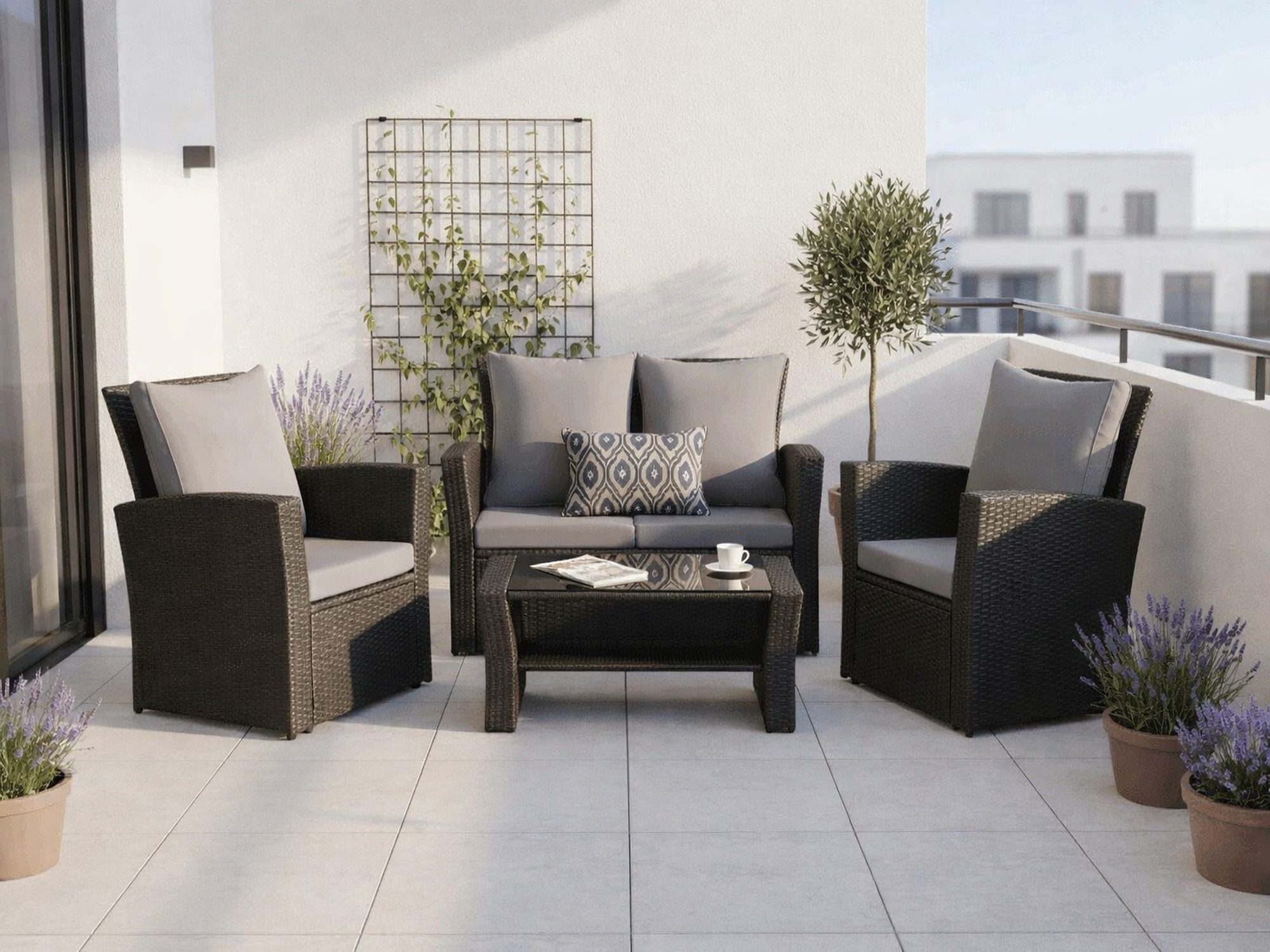 MeXo Gartenlounge-Set Polyrattan Gartenmöbel Set 4 Personen Wetterfest, (Balkonset Sitzgruppe, 4-tlg., mit 80 cm hoher Rückenlehne, 8 cm breite Armlehne), Stauraum unter dem Tisch