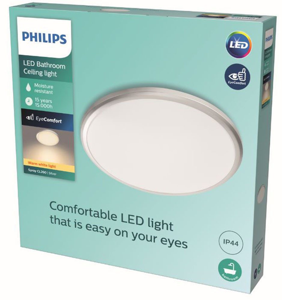 Philips LED Deckenleuchte Spray 17W, wasserbeständig, weiß-silber, LED fest integriert, Warmweiß