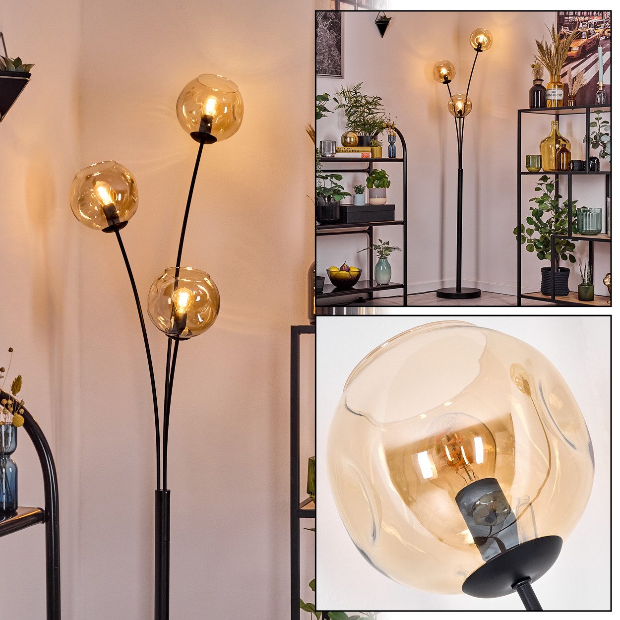 Stehlampe Stehlampe aus Metall/Glas in Schwarz/Bernsteinfarben