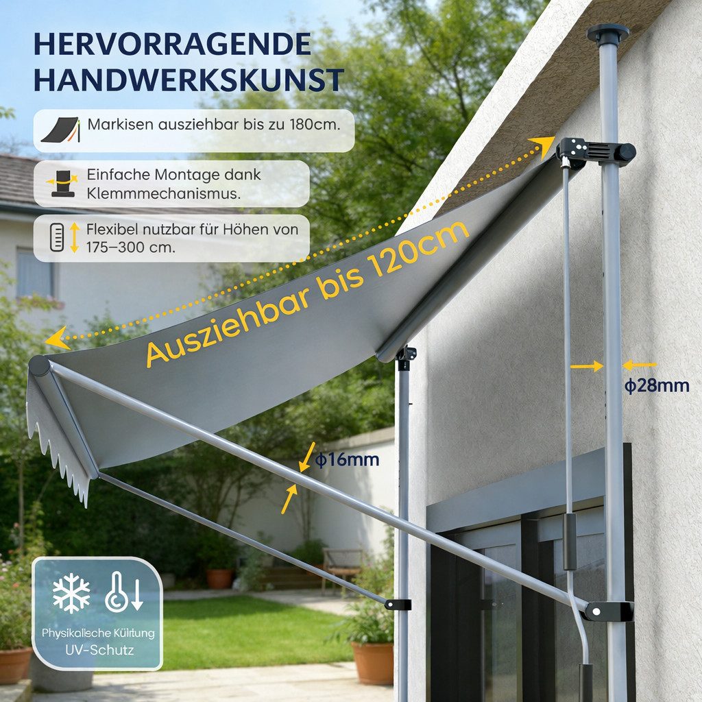Ferghana Klemmmarkise Klemmmarkise Ohne Bohren, Balkonmarkise Höhenverstellbar (Sonnenschutz Wasserdicht UV-beständig, Sonnenmarkise für Terrasse Balkon Garten) – Bild 5 von 5