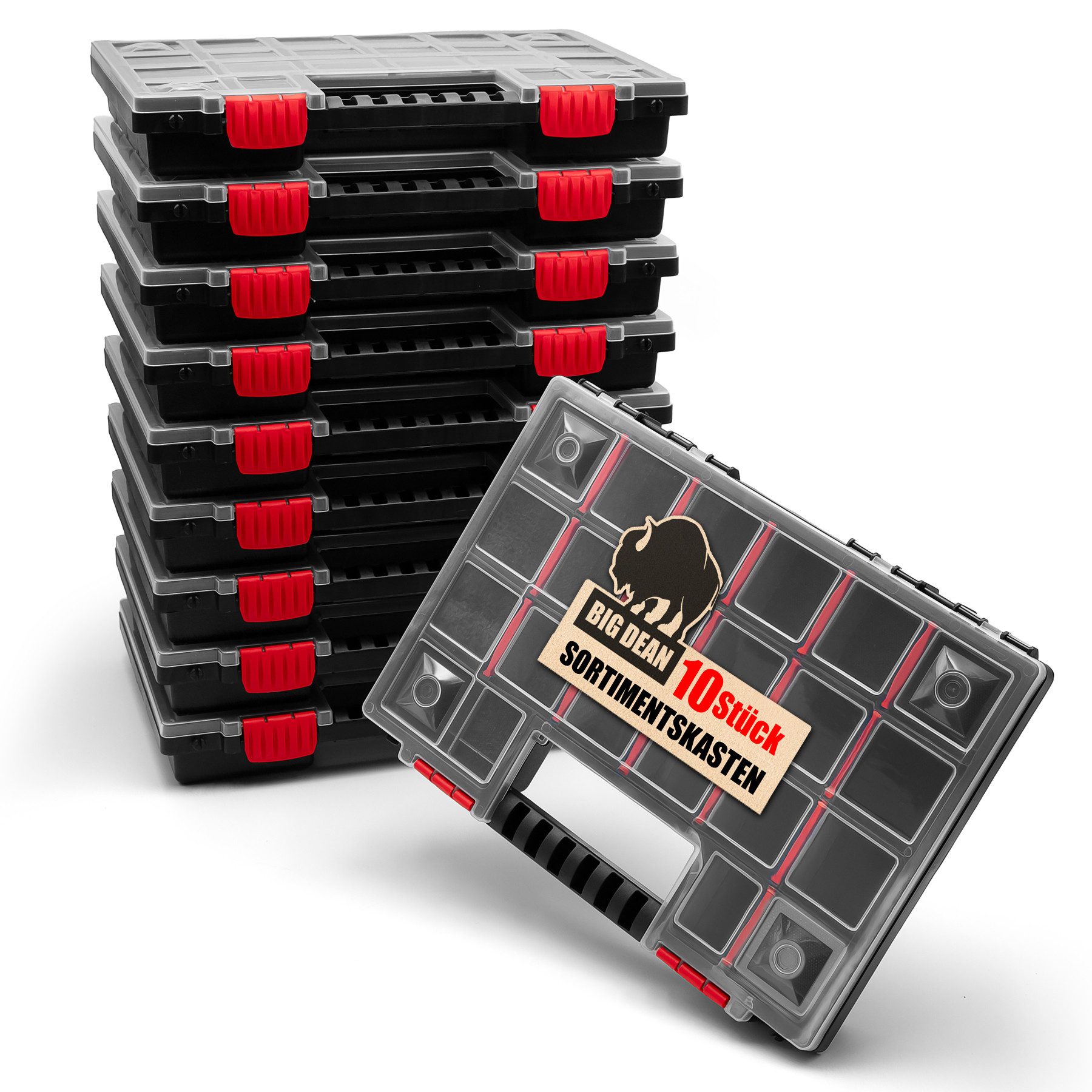 BigDean Sortimentskasten 10 Stück XL Sortierbox Sortimentskasten mit flexibler Einteilung (Spar-Set, 10 St., Sortimentskasten), Flexible aufteilung, 2 Klickverschlüsse, Integrierter Tragegriff