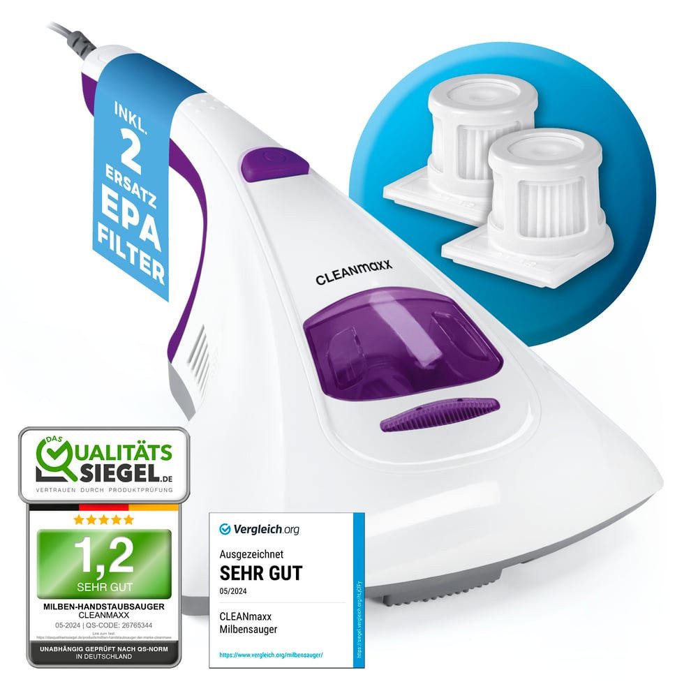 CLEANmaxx Matratzenreinigungsgerät entfernt 99,9 % Milben - 2 Ersatz-EPA-Filter, 300 W, Matratzen Bettdecken Kissen sterilisierend desinfizierend