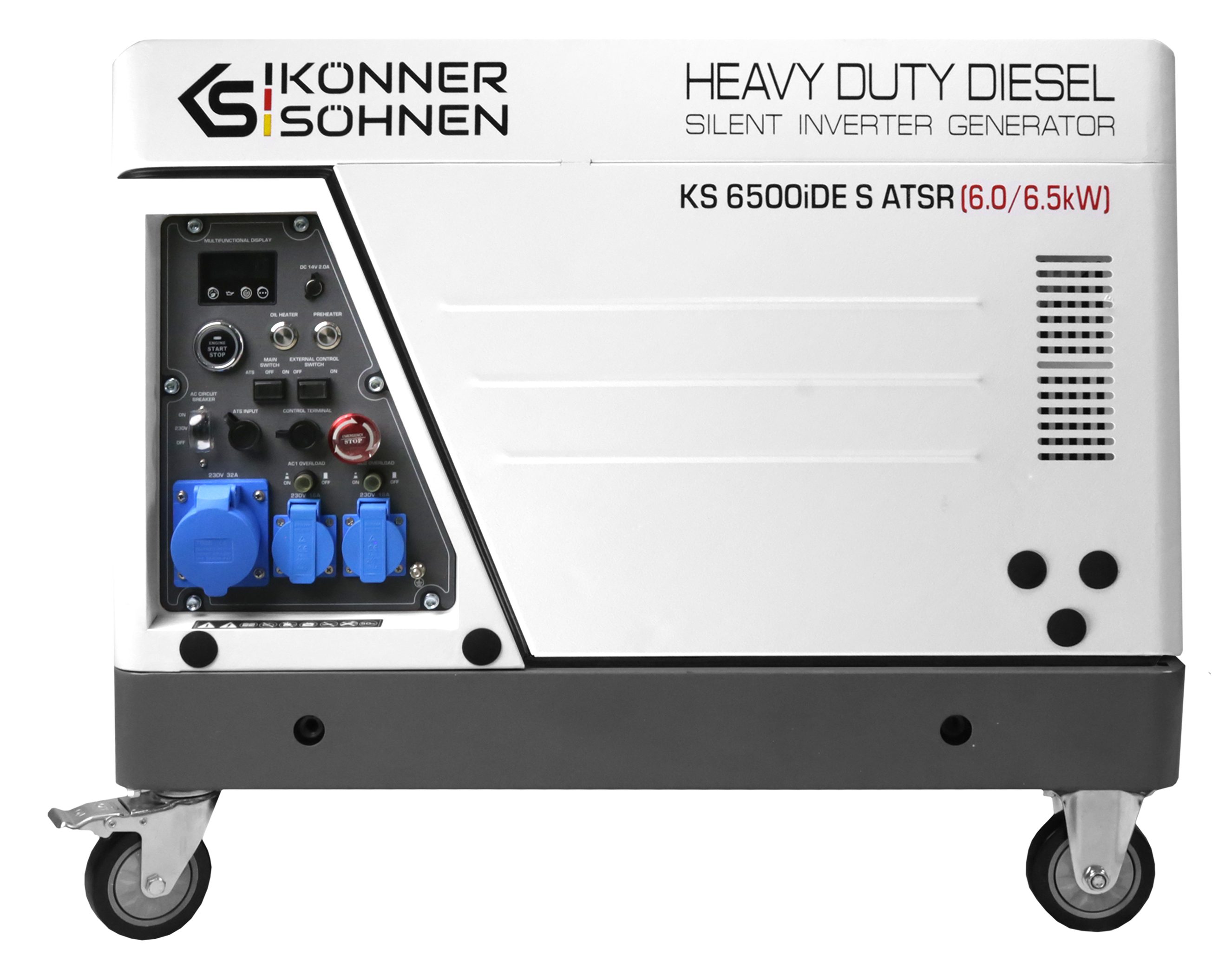 Könner & Söhnen Stromerzeuger KS 6500iDE S ATSR, (Diesel-Inverter-Stromerzeuger Set, 1-tlg., Schallschutzgehäuse mit 2 Fernbedienungen Rollen und Steckdosen), 6,5 kW Höchstleistung, ATS-Anschluss & Luft- und Ölvorwärmung
