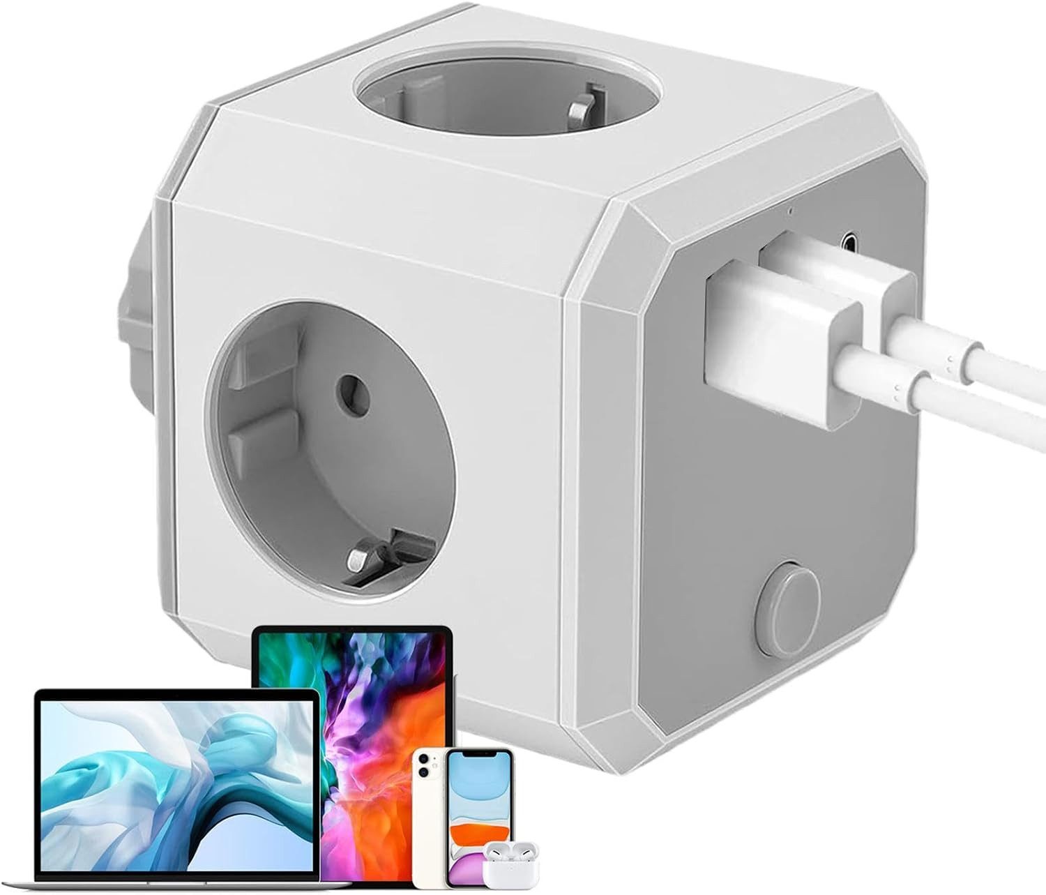 LaCute Steckdosenwürfel mit 4 Steckdosen, 3 USB und USB-C 2500W Mehrfachsteckdose 4-fach (1 USB-C-Anschluss, 3 USB-Anschlüsse, 4 Steckdosen), 4 Steckdosen, 3 USB-Anschlüsse und 1 USB-C-Anschluss