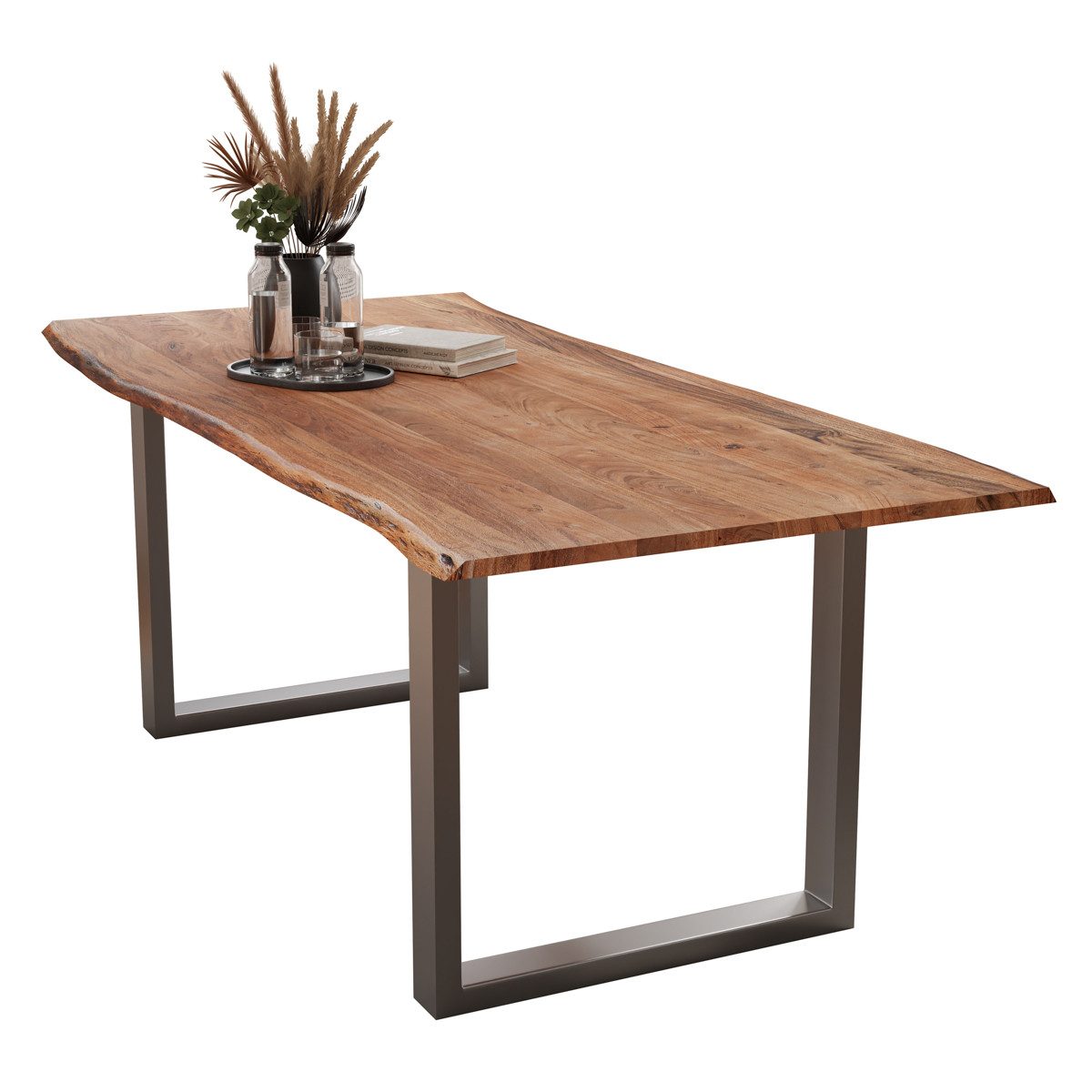 Liadomo Baumkantentisch Hugo, Baumkantentisch, Esstisch, Massivholztisch, Esszimmertisch, mit Esstischplatte aus Akazie und Metallgestell in U-Form