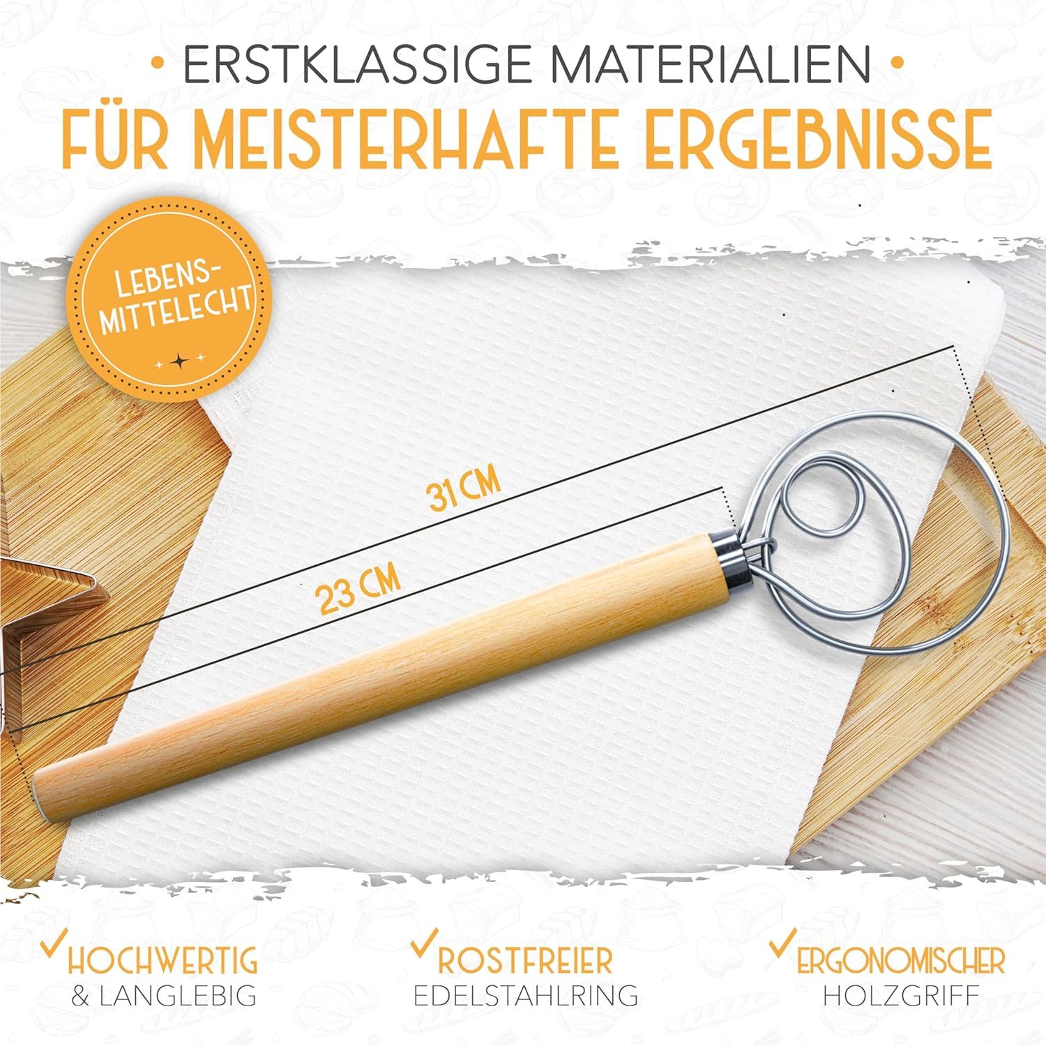 Krustenzauber Backmatte Zubehör - Brotschlingen, Schneebesen, Backmatte, Teig Reinigungstücher, Dänischer Schneebesen