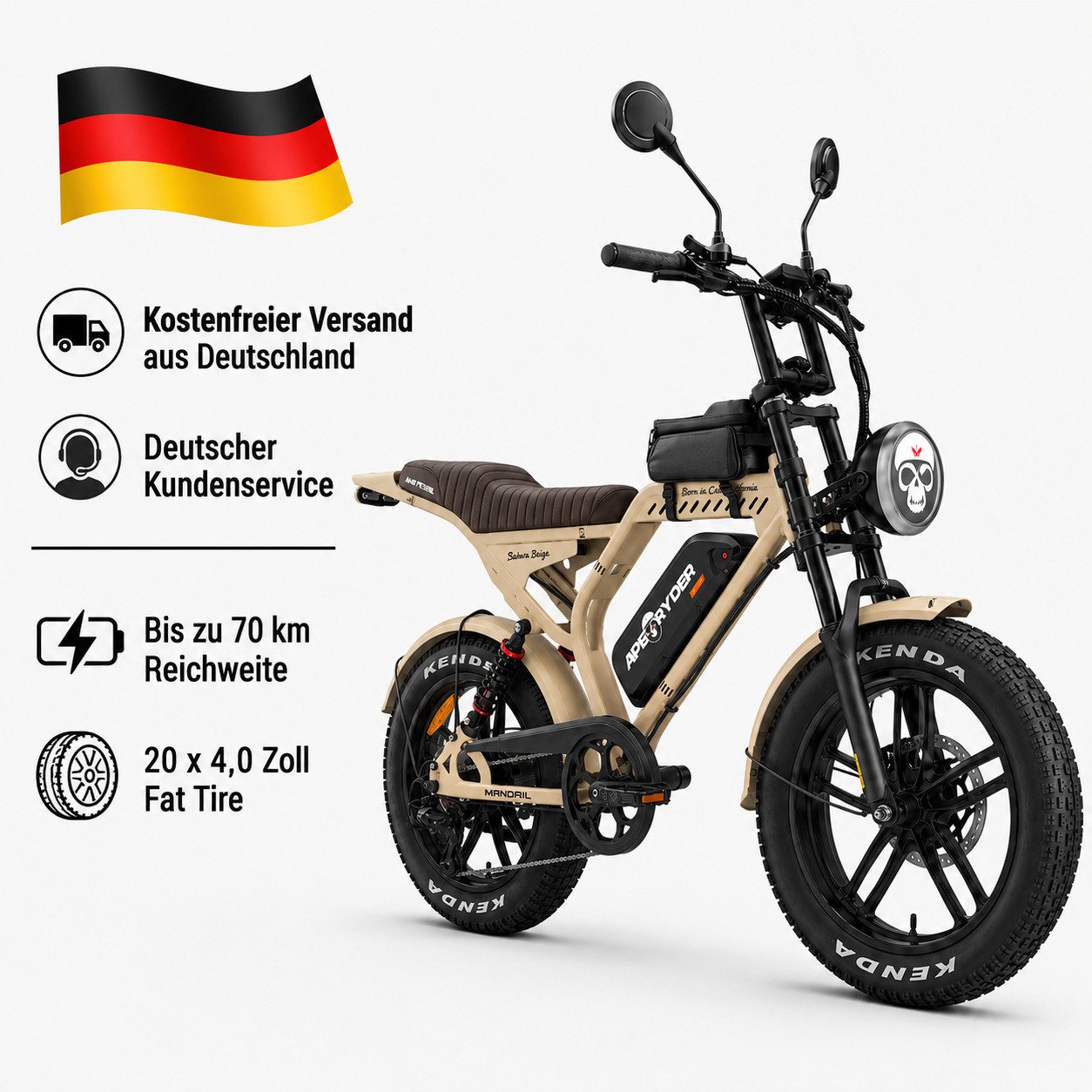 APE RYDER E-Bike Mountainbike 20 Zoll Fatbike 48V 15Ah Akku, bis 80 km, Shimano 7-Gang, hydraulisch, 7 Gang, Heckmotor, 720 Wh, (Packung)