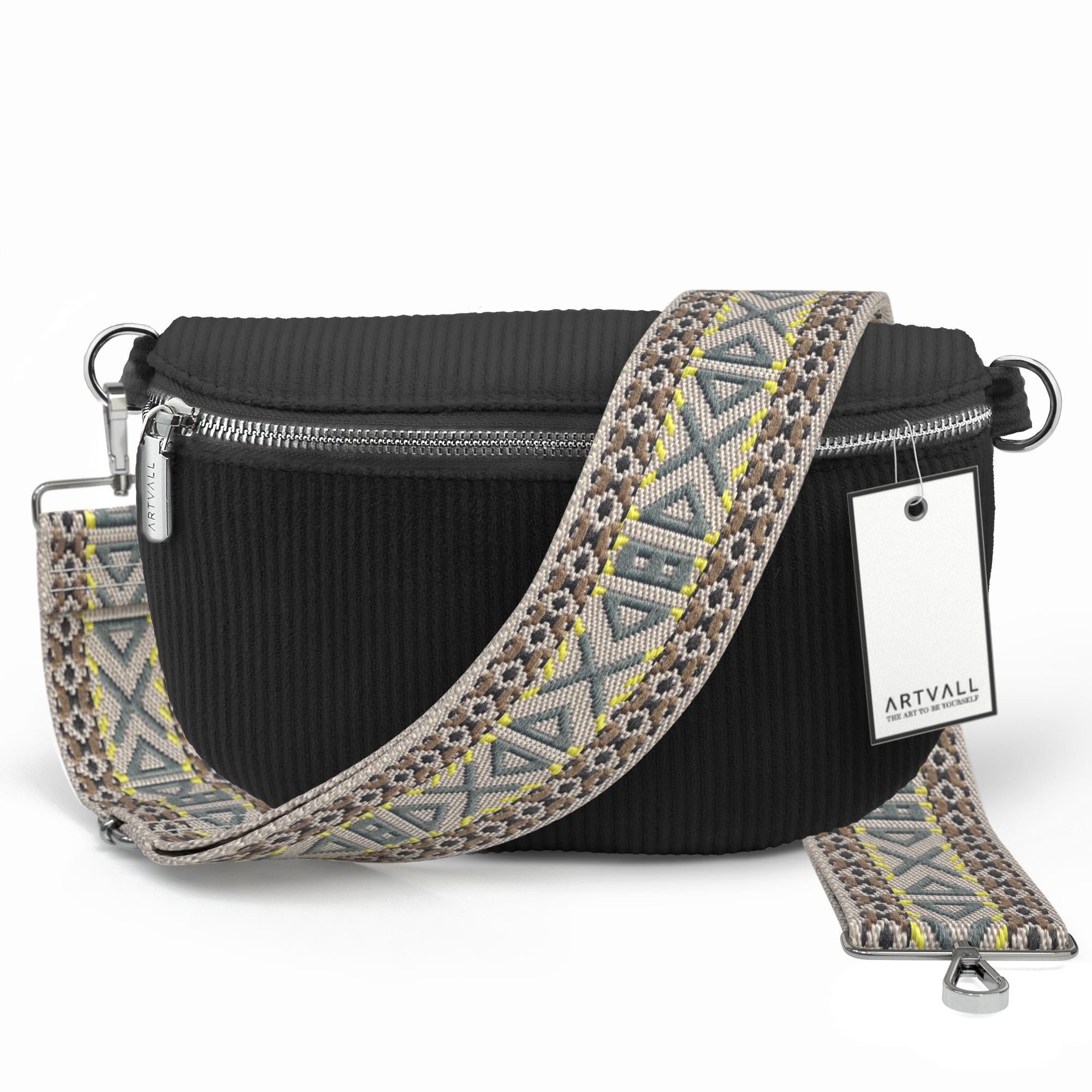 ARTVALL Umhängetasche Cord Handtasche Brusttasche Schultertasche Schwarz (Tasche inkl. Сумкиband), Cord Bauchtasche Cordtasche Stoff weich abnehmbarer Сумкиgurt Klein