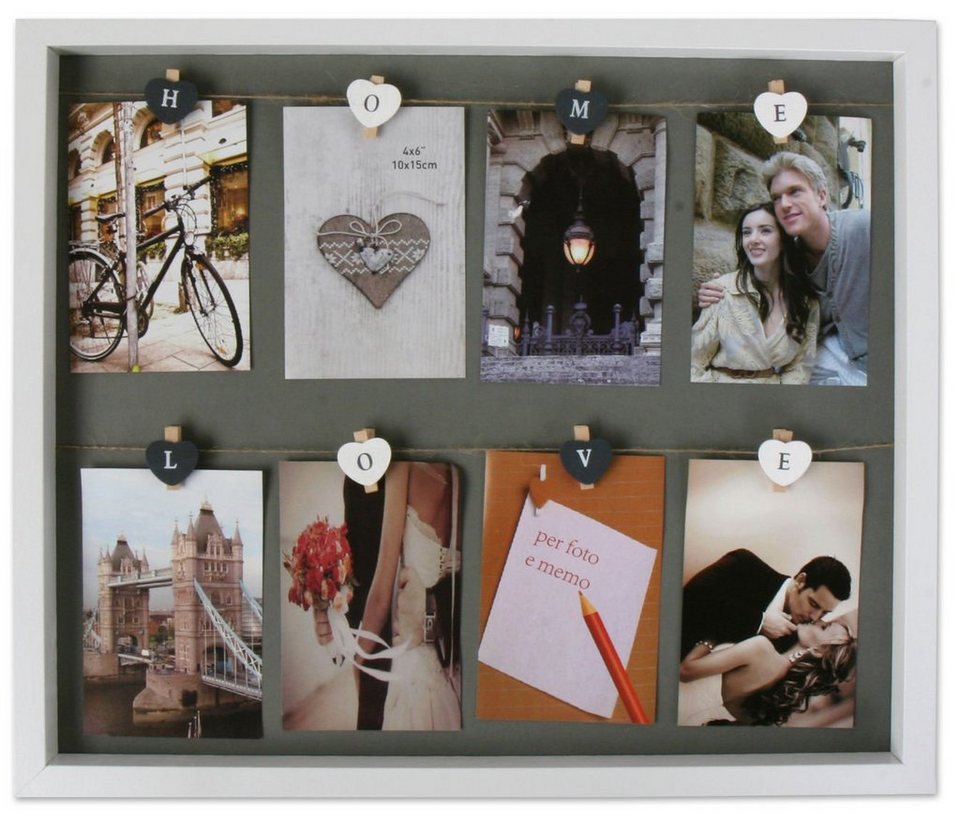 Spetebo Fotohalter Holz Bilderrahmen HOME/LOVE für 8 Fotos, für 8 Bilder,  51 x 43 cm - Fotohalter mit 8 Clips auf Schnur