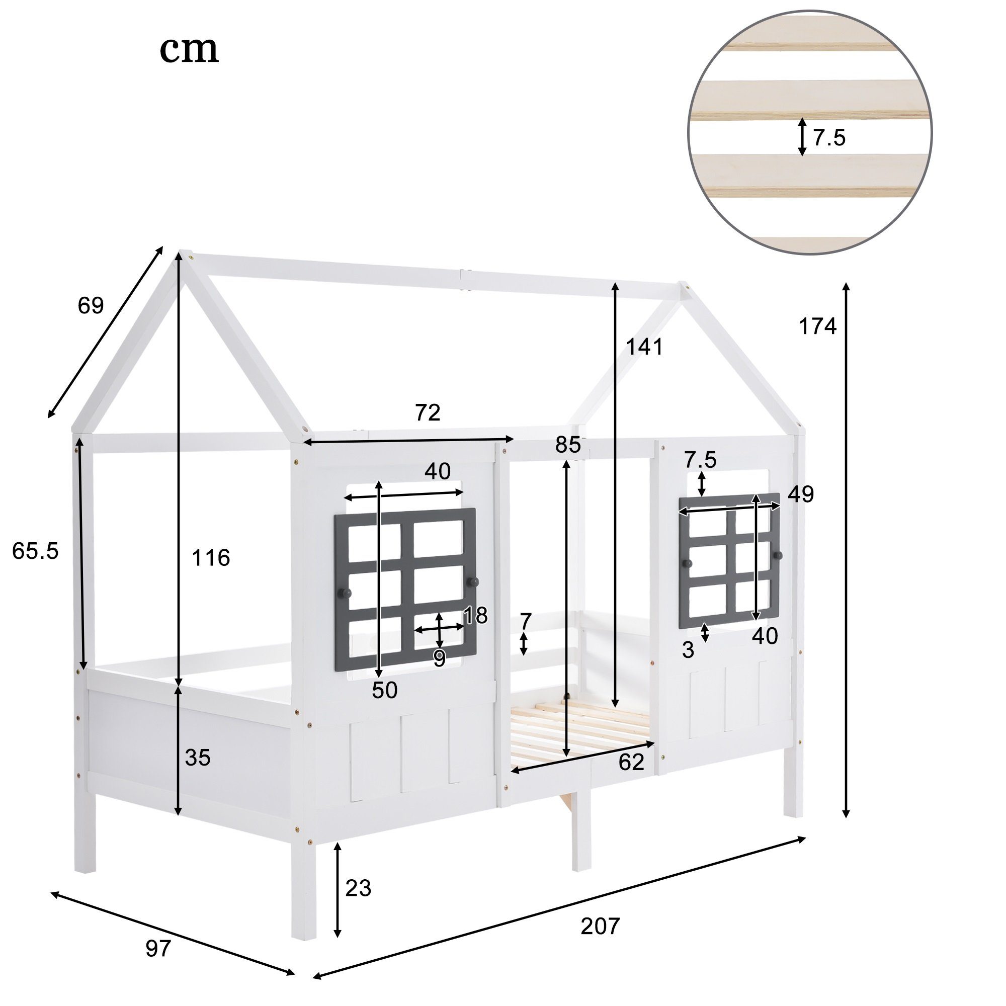 Kinderbett Matratze Einzelbett, Ohne Rahmen Tagesbett, 200x90cm), aus Hausbett, Fenstern, (mit Bett REDOM 2 Kiefer,