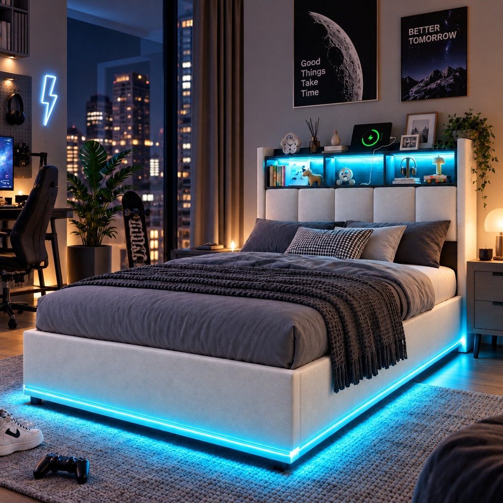 Furnishings Home Polsterbett 90x200 cm, LED Stauraumbett Jugendbett (1-tlg., Samtmaterial, Komforthöhe, Leises Design Bett), Mit …