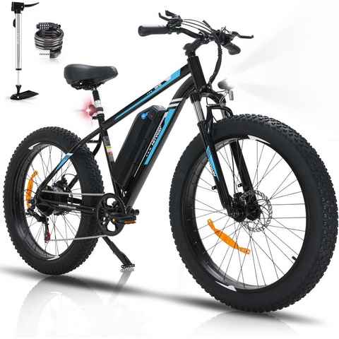 HITWAY E-Bike 26 Zoll x 4,0 fette Reifen MTB 48V 15 Ah Elektrofahrrad,Shimano, MTB, 7 Gang Shimano, Kettenschaltung, Heckmotor, 720 Wh Batterie, für Damen und Herren 170 - 200 cm, mit Fahrradschloss und Pumpe