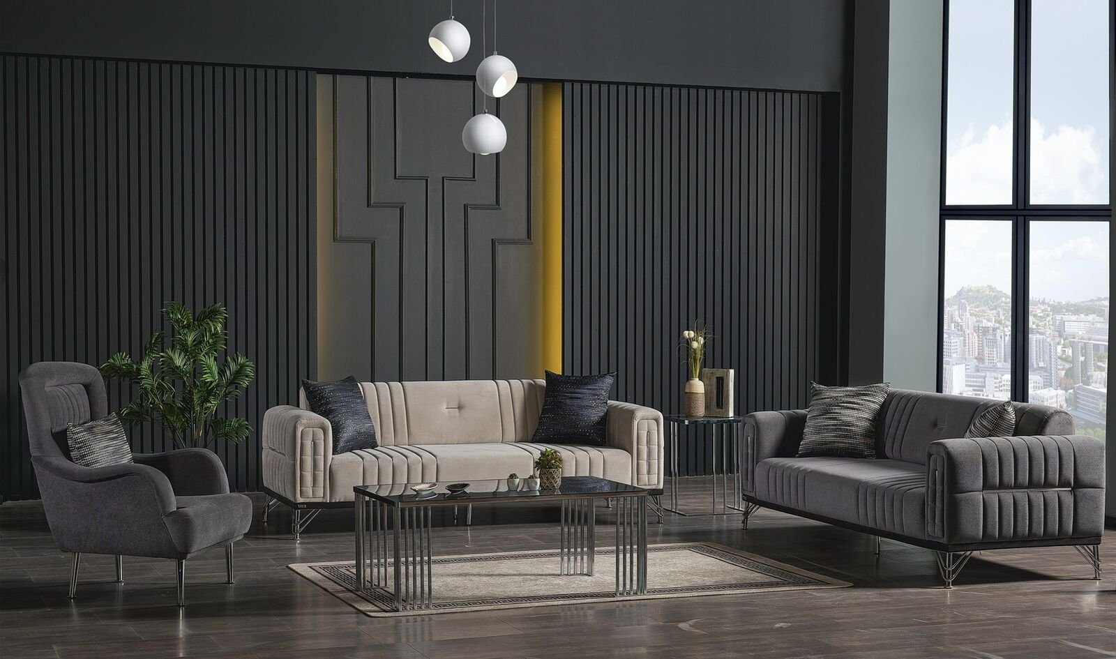 JVmoebel Wohnzimmer-Set Sofagarnitur 3+3+1 Sitzer Textil Modern Komplett Sessel Sofa 3 Sitzer, (3-St., 2x Sofa Sitzer + 1x Sessel), Made in Europa