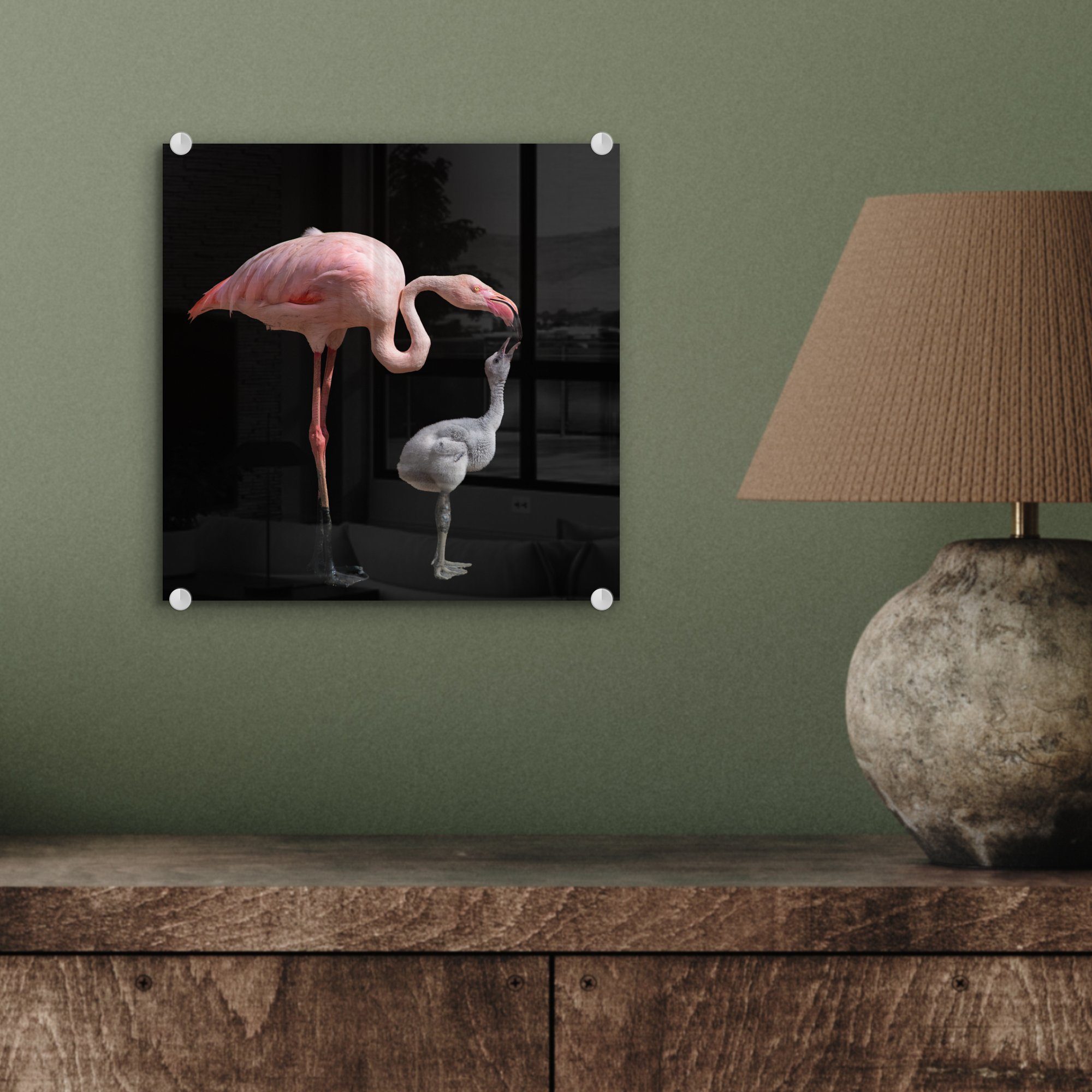 - - Acrylglasbild Glas - St), mit Flamingo-Mutter Foto (1 Bilder Wanddekoration auf Kind, Glasbilder Glas auf Wandbild MuchoWow