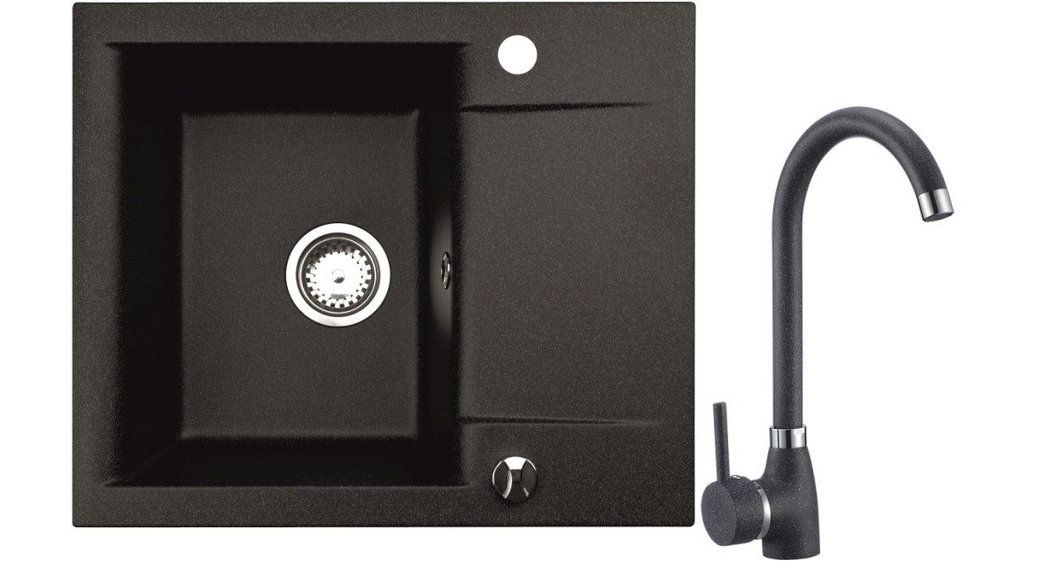 manestein Granitspüle Rino Granit Küchenspüle mit Schwarz Armatur und Siphon 59x44cm, Rechteck, 59/16 cm, (inklusive ablaufgarnitur und Armatur), mit verkürzte Abtropffläche