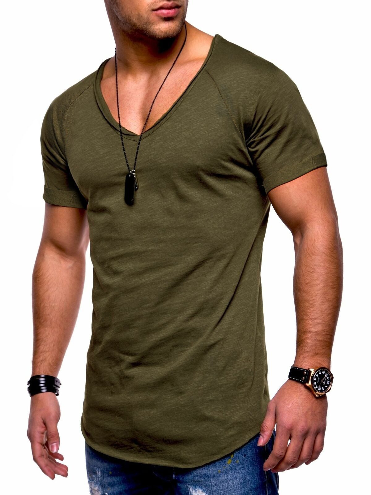 behype T-Shirt BHSOLIN Herren Basic Kurzarm V-Neck Oversized Shirt V-Ausschnitt