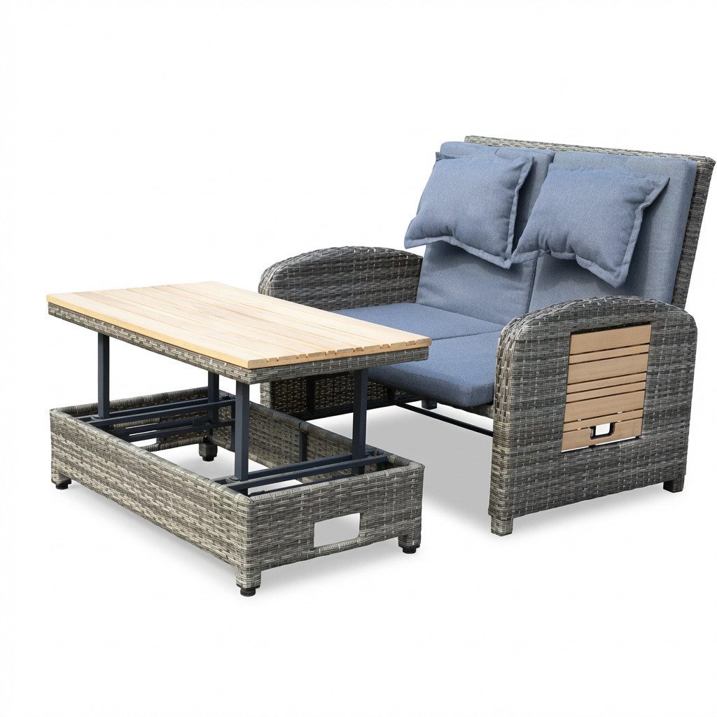 Greemotion Gartensofa 2-Sitzer mit Liegefunktion Bahia Tobago Rattan Braun wetterfest, inkl. Hocker, klappbar