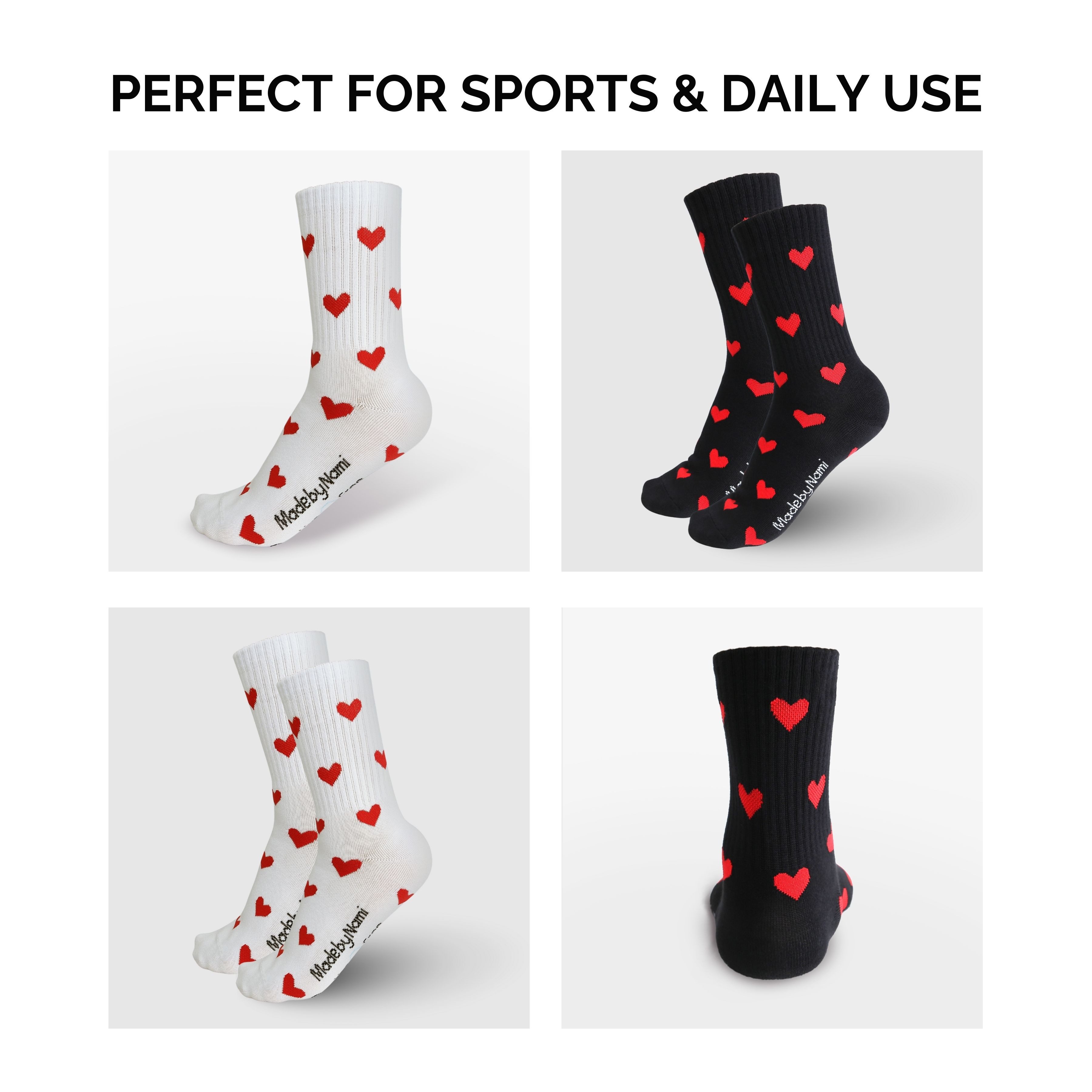 Made by Nami Socken Crew Socks 2er Set Baumwolle Herzen Damen atmungsaktiv Weiß & Schwarz Mit Herzen